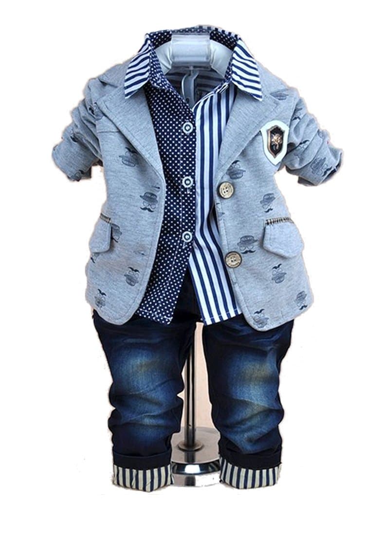 SOPO Baby Boy Gentleman Patchwork Outfits (Jacket, Strip Shirt, Jeans)Grey 2t - 4t