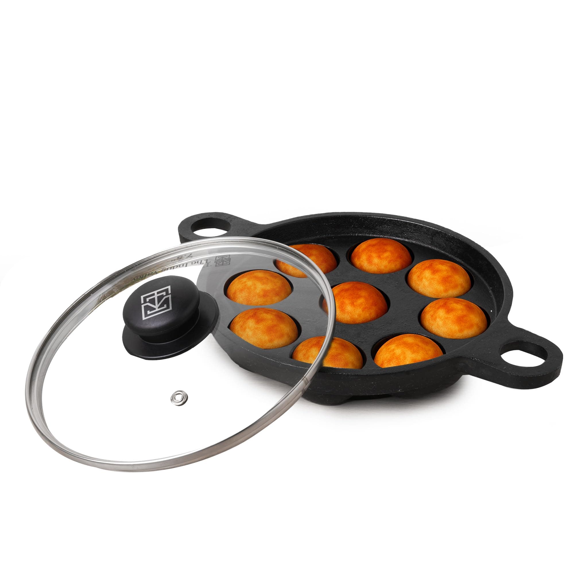 Super Smooth Cast Iron Paniyaram Pan with Glass Lid | 9 Pit, 20.8cm/8.2inch, 2.7kg, Gas Compatible | Pre-Seasoned, 100% Toxin-Free, Naturally Non-Stick, Long Lasting