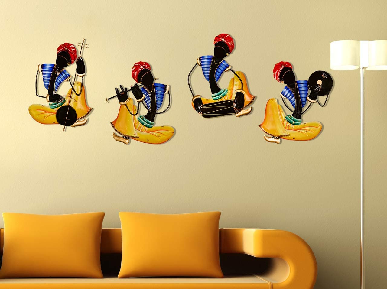 Karigaari India Wrought Iron Decorative Rajasthani 4 Man Playing Different Instrument Wall Hanging Showpiece for Home Decor.