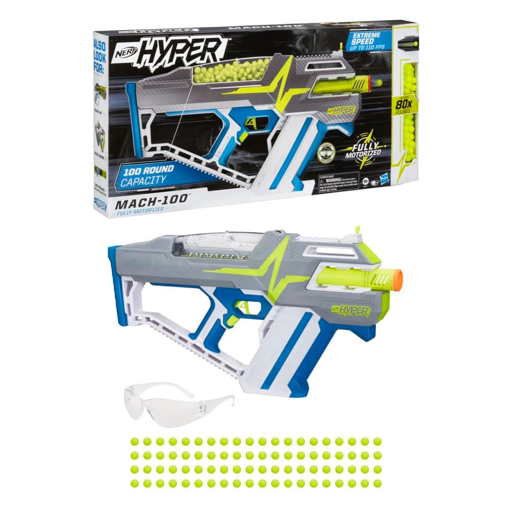 Hyper Mach-100 Fully Motorized Blaster, 80 Hyper Rounds, Eyewear, Up to 110 FPS Velocity, Easy Reload, Holds Up to 100 Rounds