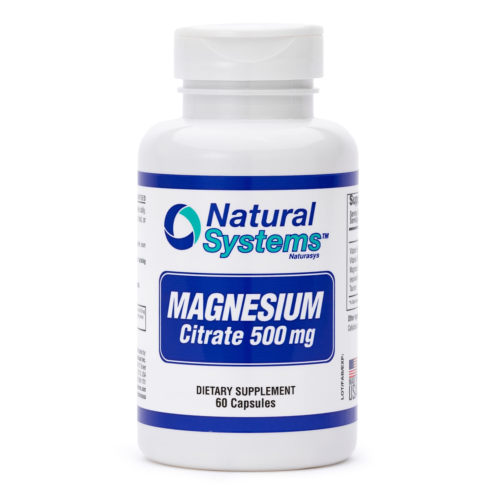Magnesium Citrate 500mg 60 Capsules by Natural Systems - Magnesium Supplement Powder Muscle Calm - Magnesium Supplement for Constipation - Magnesium Citrate Powder Capsules for Natural Slim