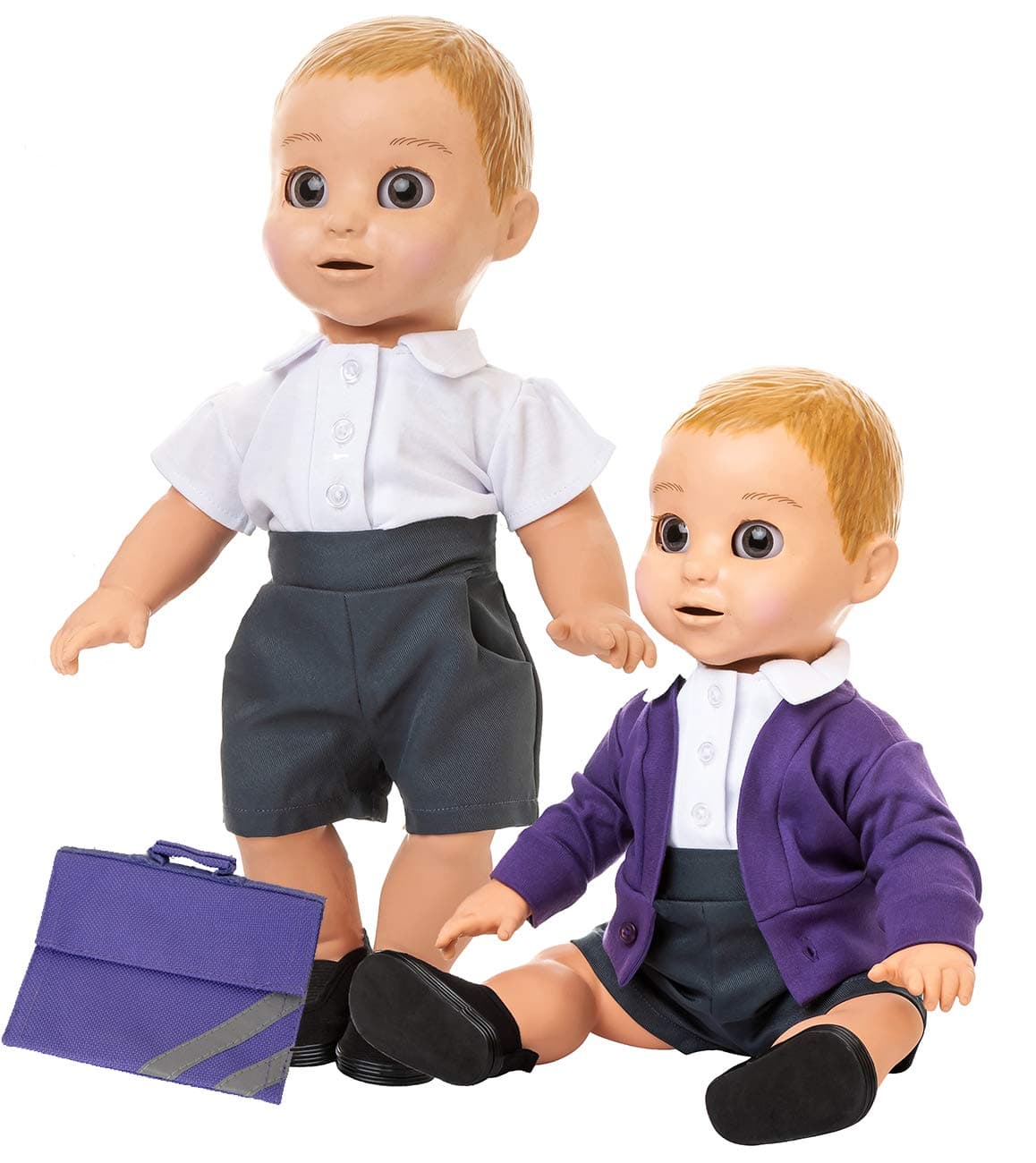 FRILLY LILY UK Company .Luvabeau Doll School Uniform Including Purple Cardigan and Bookbag , Grey Shorts White Blouse and Daps,[DOLL NOT INCLUDED]