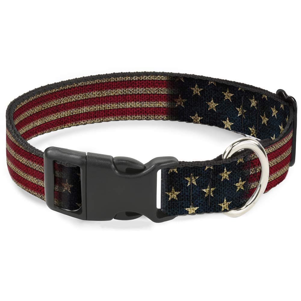 Buckle Down Plastic Clip Collar - Vintage US Flag Stretch - 1" Wide - Fits 11-17" Neck - Medium