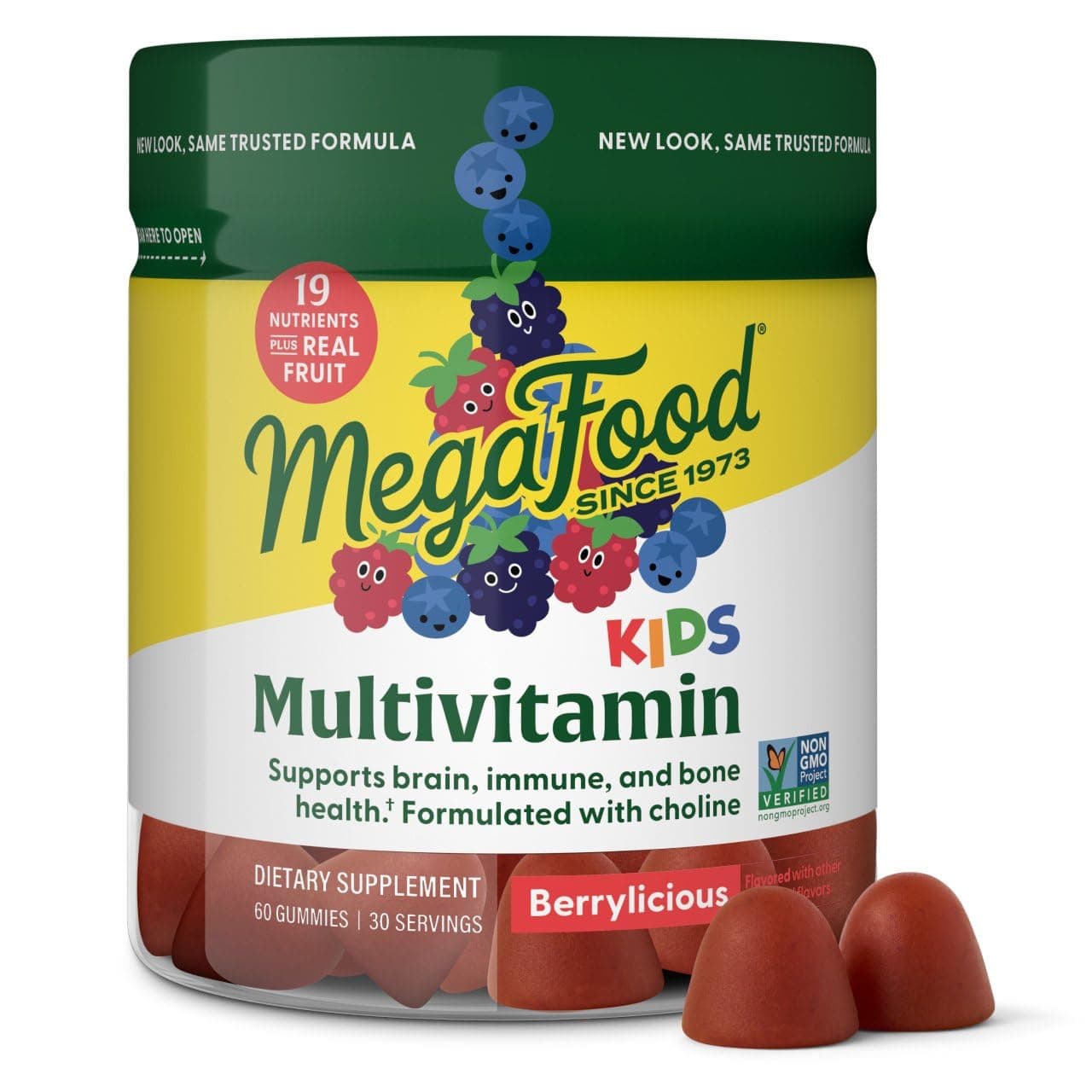MegaFood Kids Multivitamin Gummies - Kids Vitamins - Age 4+ with Vitamin C, Vitamin & D, Zinc, Choline, and Real Fruit - Brain & Immune Support - Berrylicious Flavor - 60 Gummies (30 Servings)