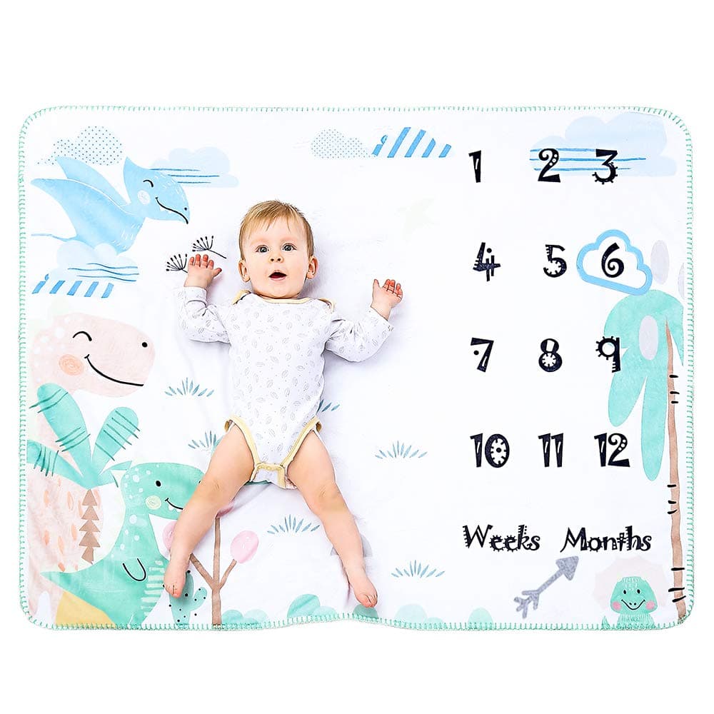 INNObeta Baby Monthly Milestone Blanket | Flannel Fleece Plush Newborn Infant Photo Blanket | for Pictures Photography for Newborn Boys & Girls New Mom Gifts Dinosaur(White, 39"x 47")