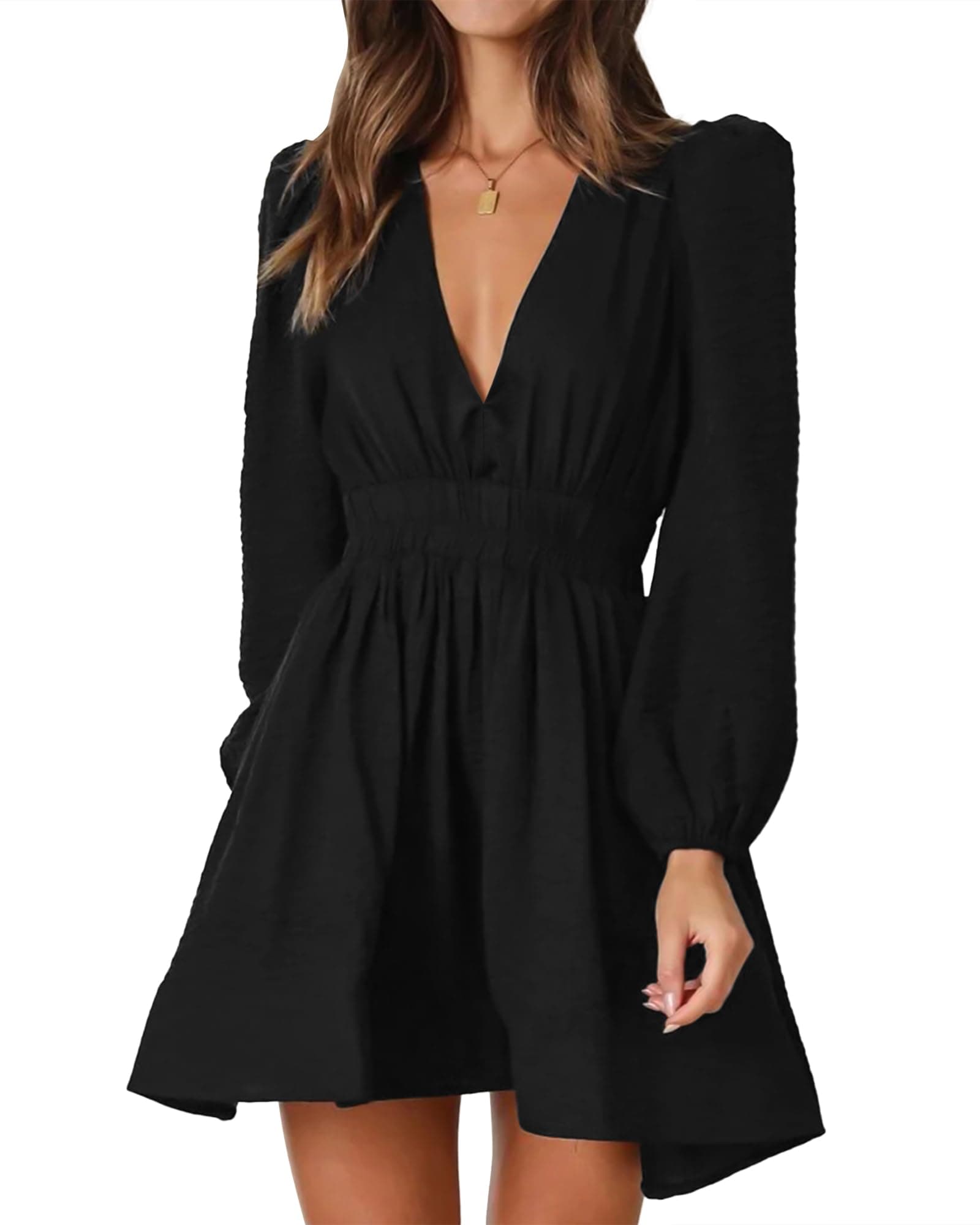 Mini Deep V Sexy Long Sleeve Dress for Women A-line High Waisted Casual Flowy Dress for Cocktail Wedding Guest
