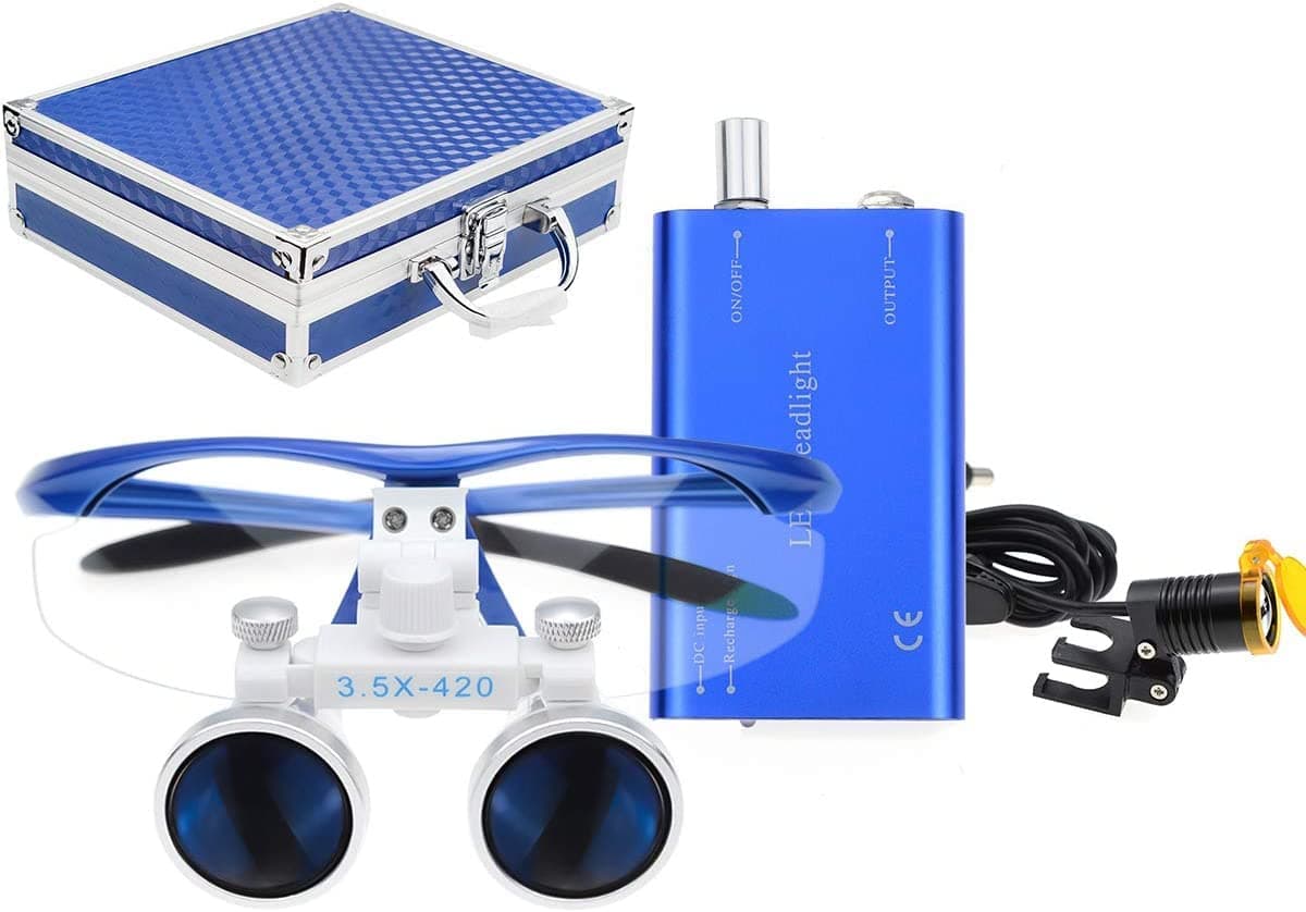 EAST Brand 3.5X 420mm Working Distance Optical Glass Surgical Binocular Loupes and LED Head Light Lamp with Filter Aluminum Box Style (Blue)
