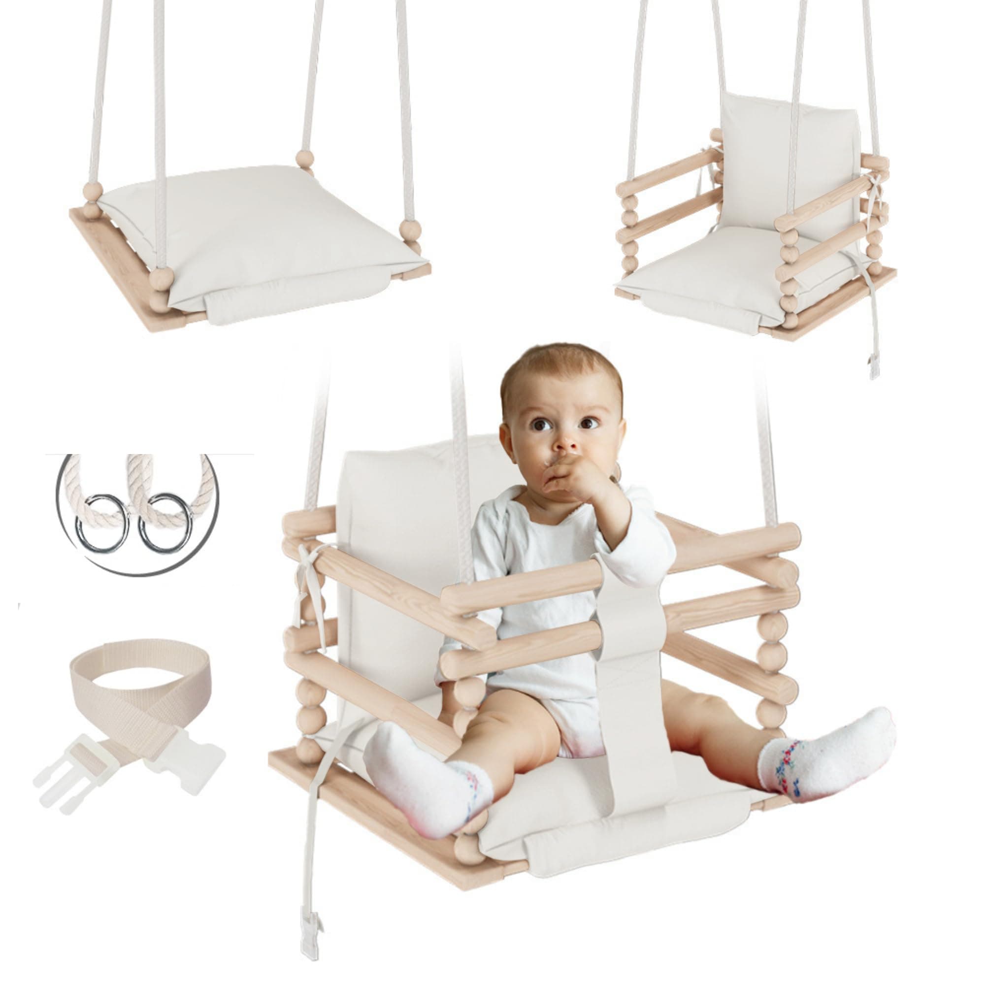 Baby Wooden Swing, Beige + Haken, Scandinavian Style, 30x34x34 cm, 2.0 kg, Oak Finish, 25 kg Max Weight