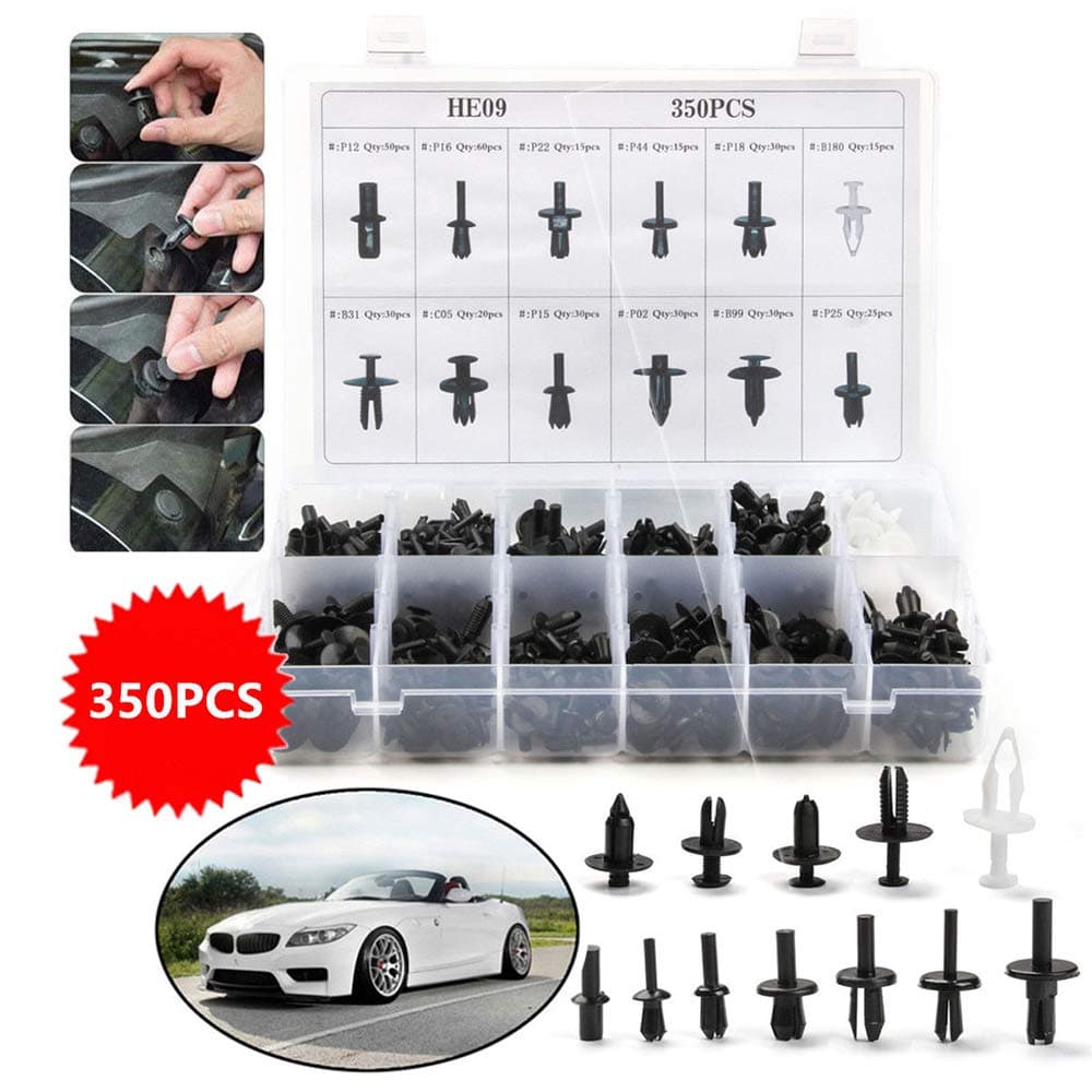 350Pcs x 12 Size Car Retainer Clips Plastic Fasteners Kit Auto Rivets Push Pin Car Body Fastener Trim Moulding Clip Assort Black Nylon Clips