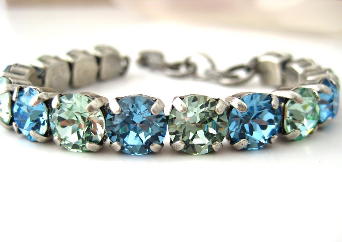 Swarovski Crystal Bracelet Aqua and Chrysolite Rhinestone Tennis Bracelet, Big Stone Looks, Rhinestone Bracelet, Gifts