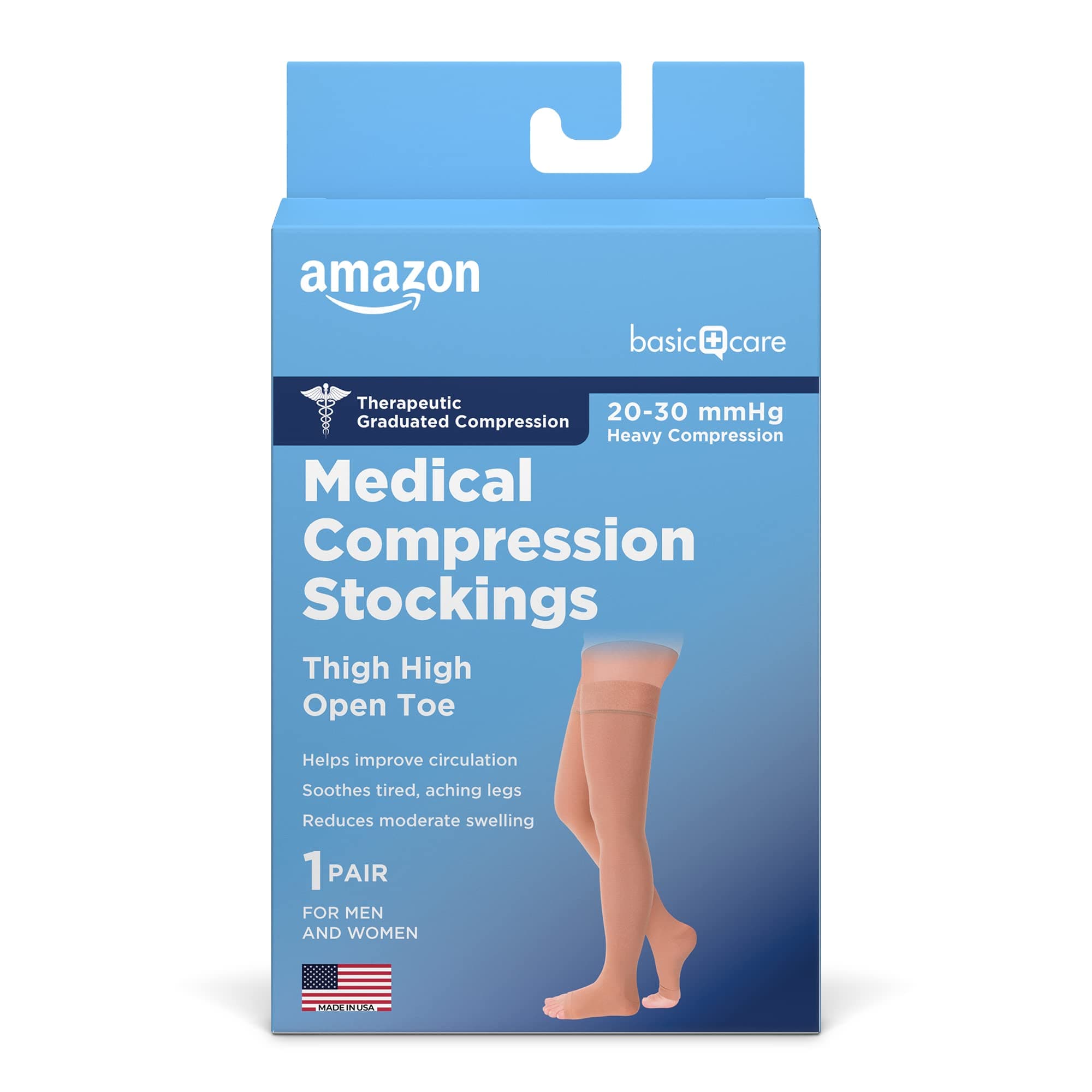 Amazon Basic Care Medical Compression Stockings for Circulation, Varicose Veins, Edema, Swelling, 20-30 mmHg, Women & Men Thigh Length Hose, Open Toe, Beige, X-Large (Previously NuVein)