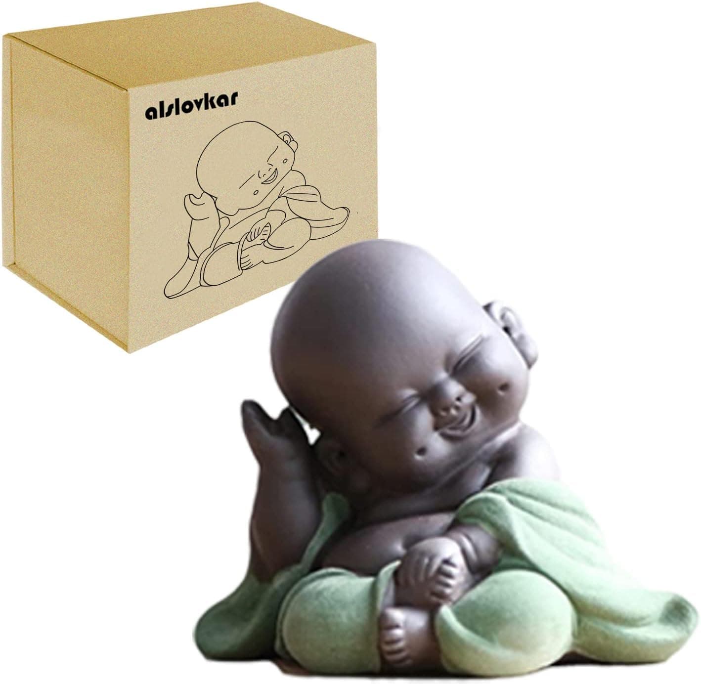 Ornamental Tea Sculpture, Ceramic Buddha Statue, Laughing Maitreya Buddha, Home Decor Garden Ornaments, Mini Sitting Lucky Buddha Ornaments (Green)