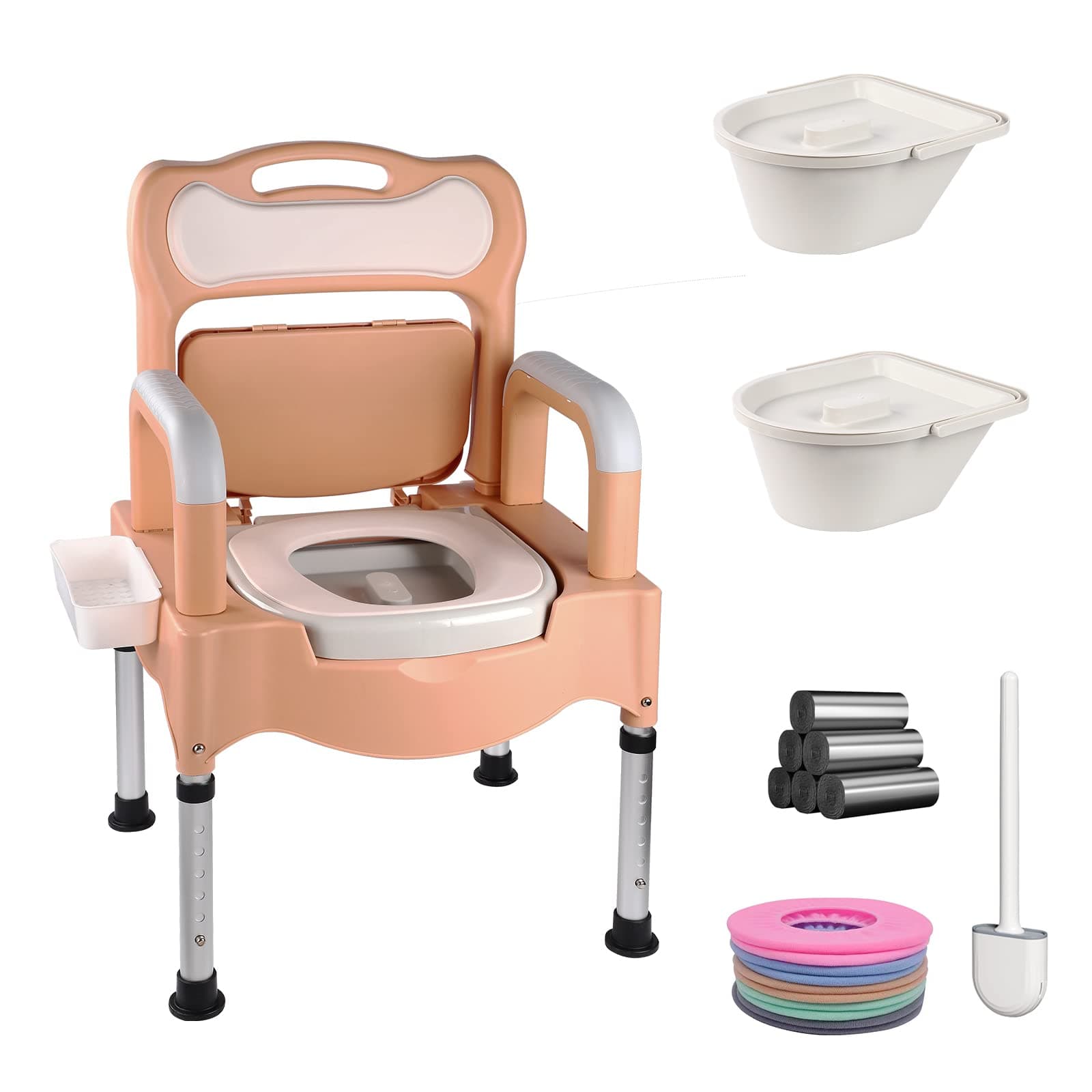 Bedside Commode，Height Adjustable Handicap Shower Mobile Toilets，Portable Home Bedside Commode Chair Adult Potty Chair for Seniors，with Armrests and Tissue Box (Khaki)