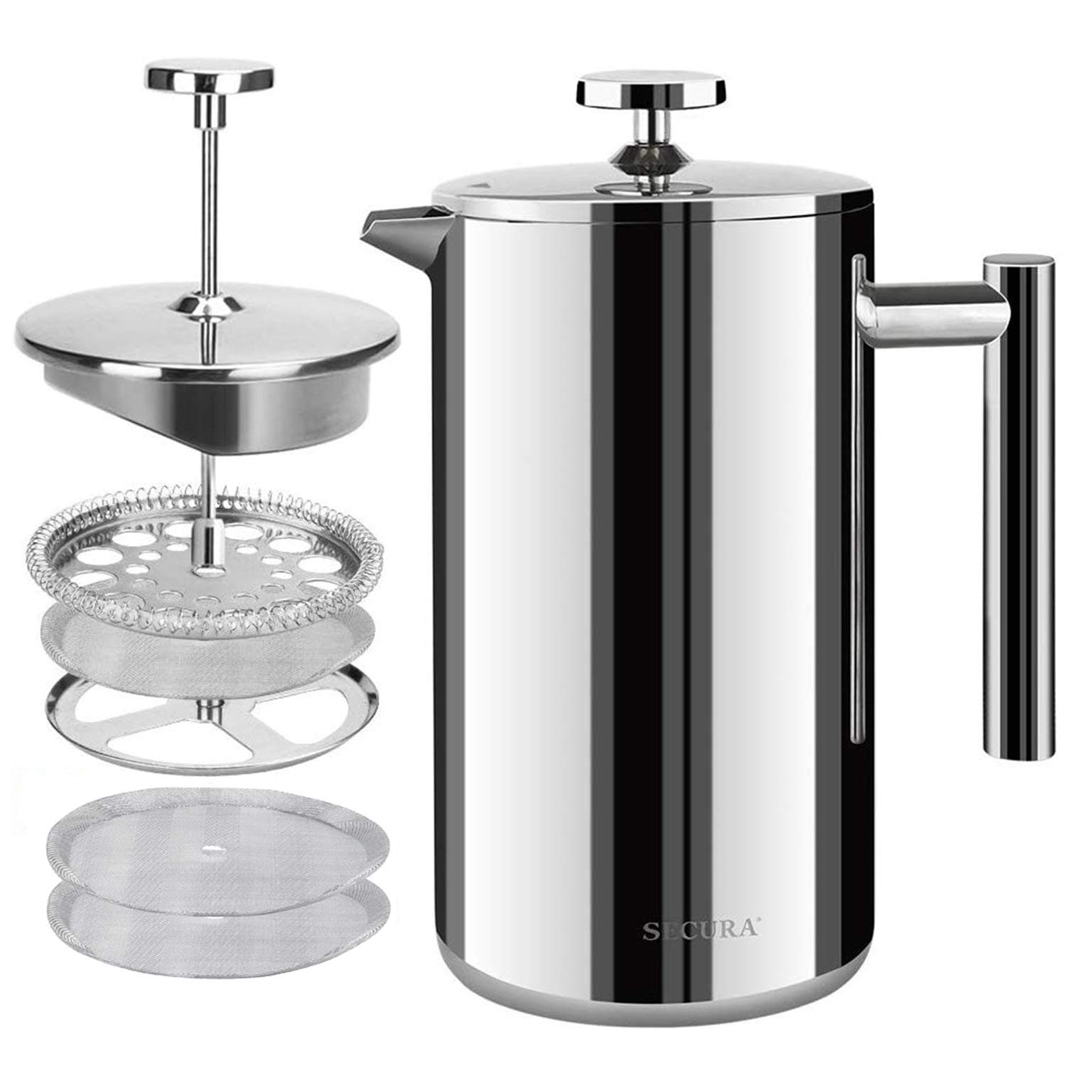 – Secura Cafetière French Press Coffee Maker, Stainless Steel Insulated Coffee Press with 3-Layered Stainless Steel Filter Structure, Included 2 Extra Screens, 1.5 Litre, Silver