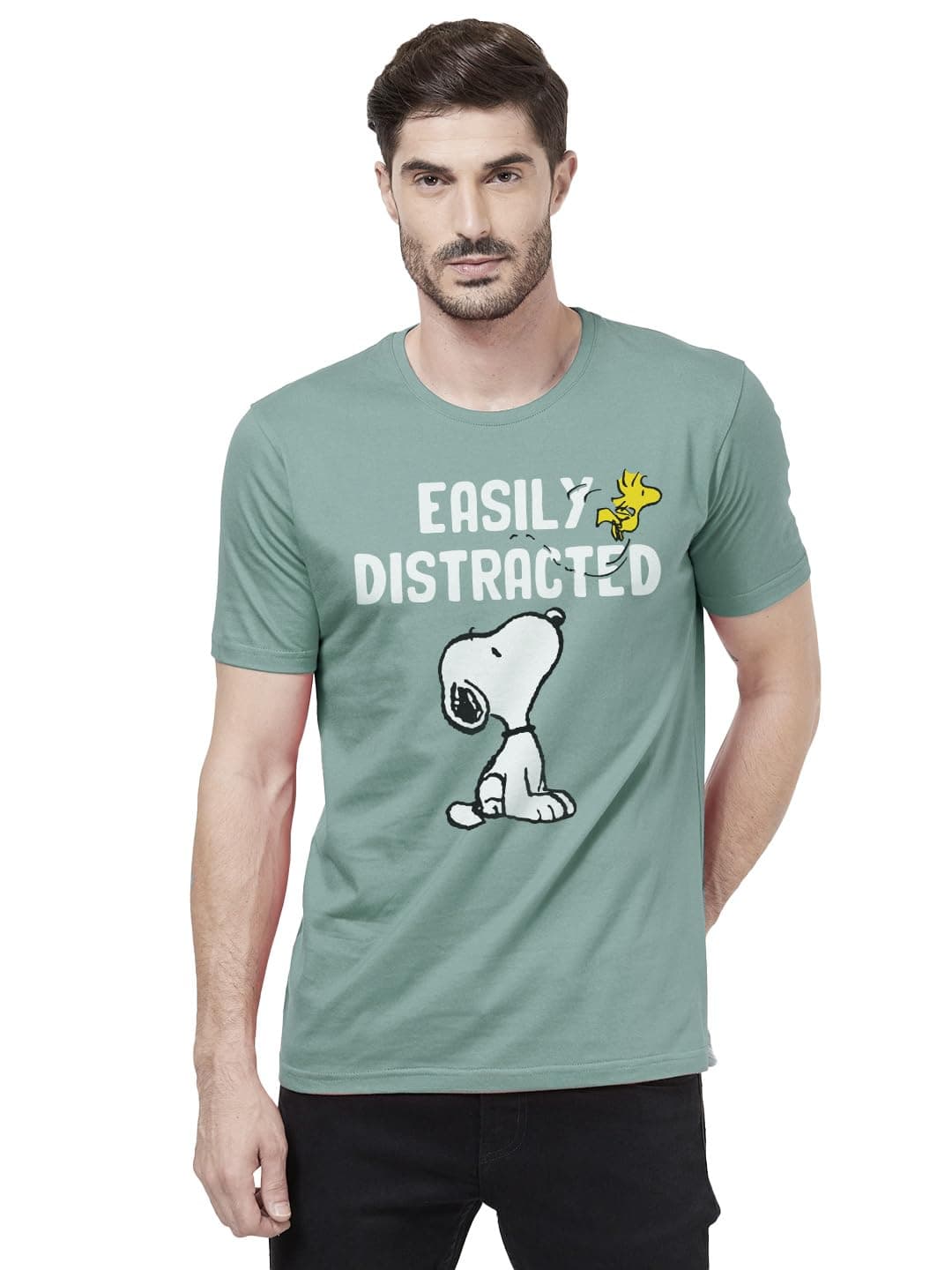 RedwolfEasily Distracted Peanuts Official Cotton Half Sleeve T-Shirt (Sage Green)