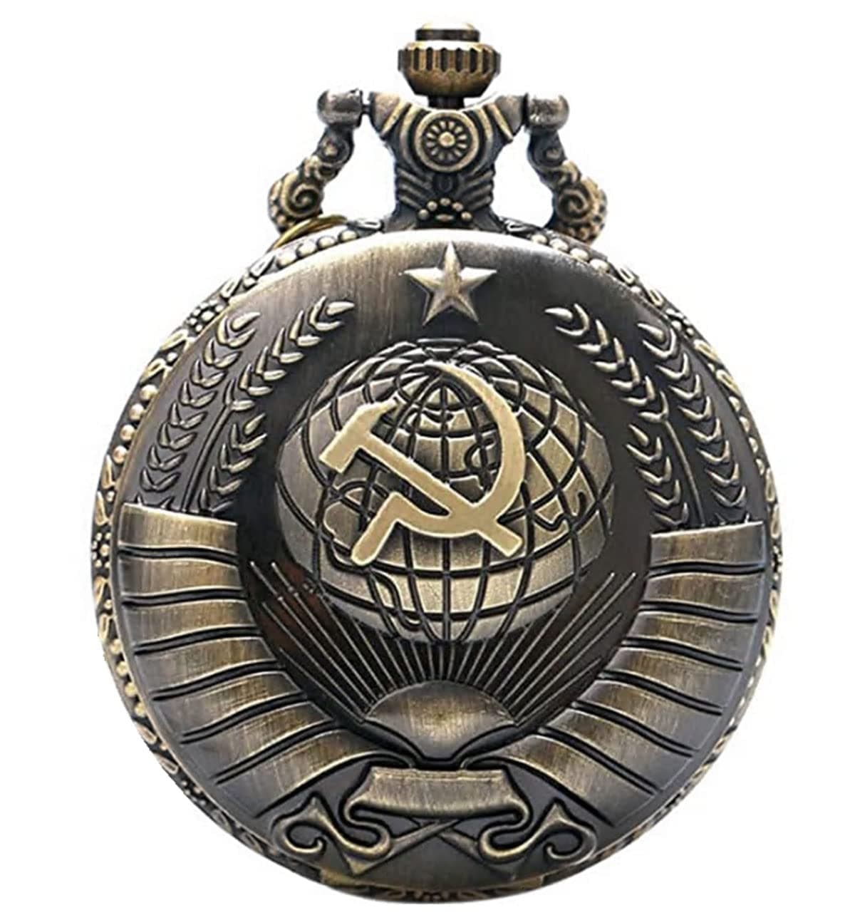 USSR Soviet Sickle Hammer Quartz Pocket Watch Necklace Chain Men's Pendant Bronze