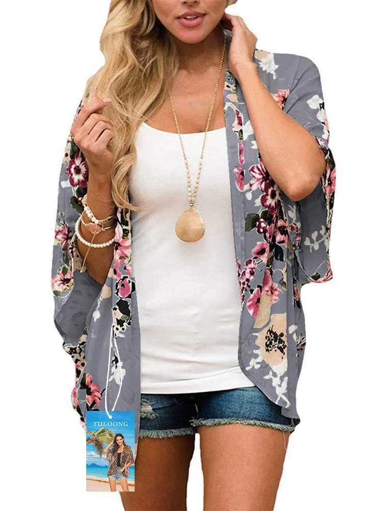 YULOONG Womens Cover Ups Chiffon Floral Print Kimono Loose Shawl Cardigan Boho Summer Casual Blouse Top Sexy Beach Swimwear Capes
