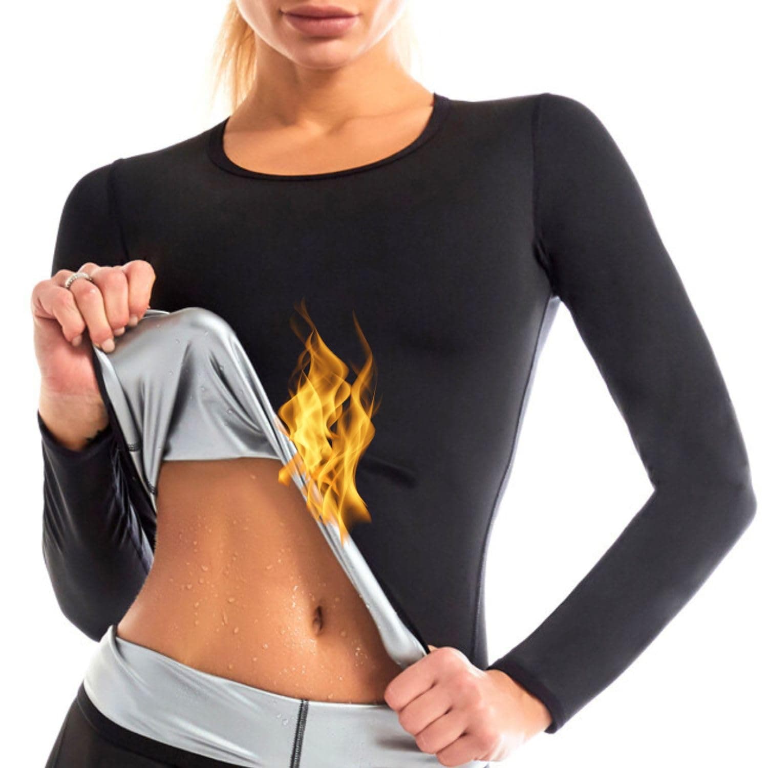 Nano Hertz Sauna Sweat Suit Shapewear Top Trainer Workout Body Shaper Sweatsuit Long Sleeve Shirt Women