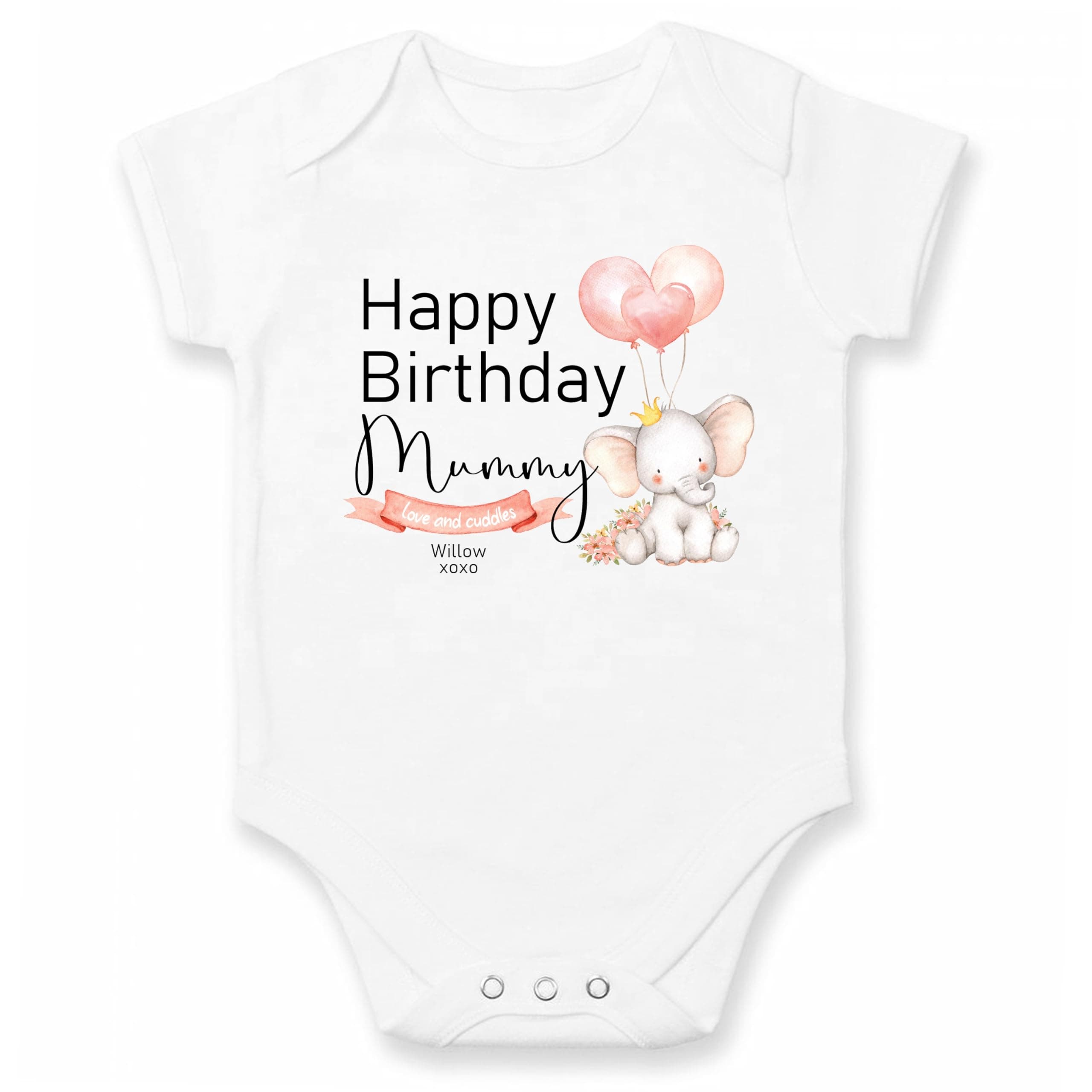 Personalised Happy 1st Birthday Mummy | Daddy | Nanny | Grandad Pink Girls Elephant Baby Clothing (Babygrow/Vest)