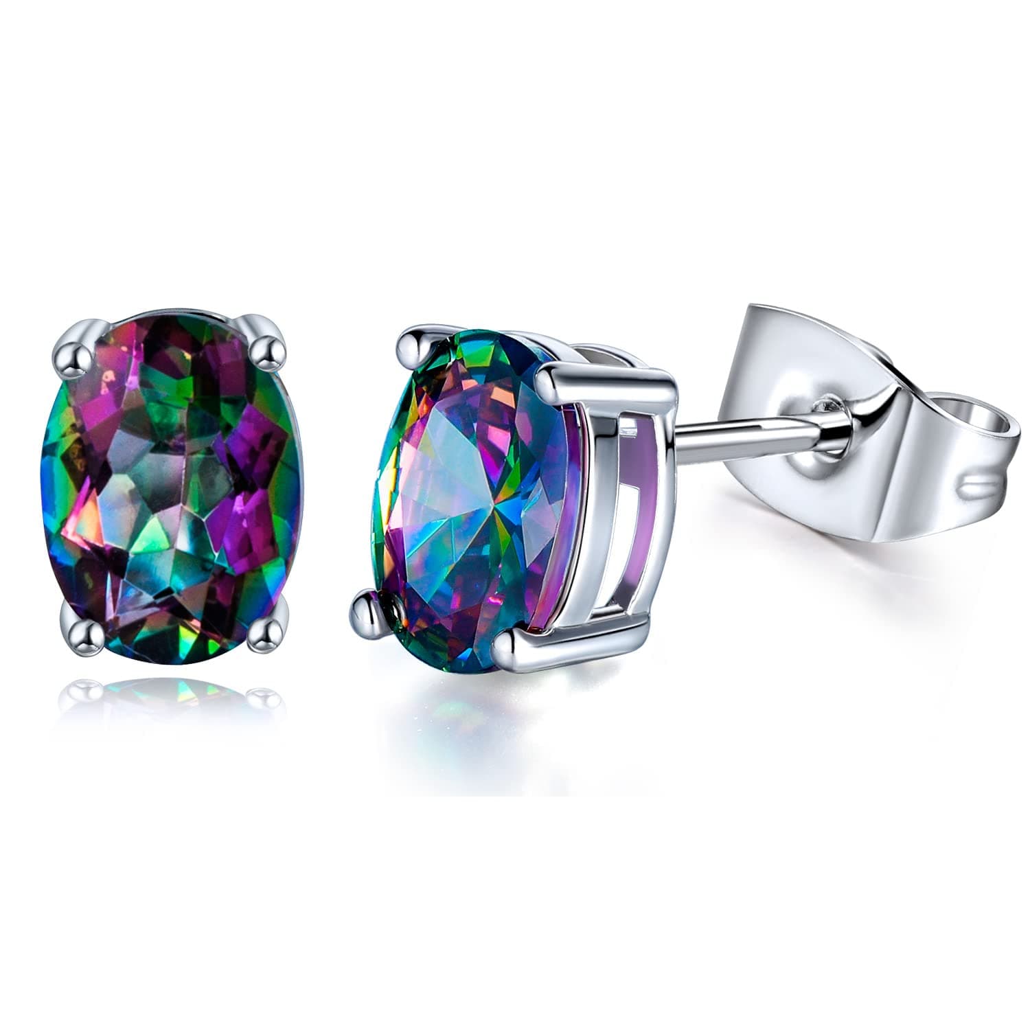 Created Rainbow Quartz Stud Earrings for Women Men 18K White Gold Plated Round/Square CZ Earrings Hypoallergenic Jewelry Gift