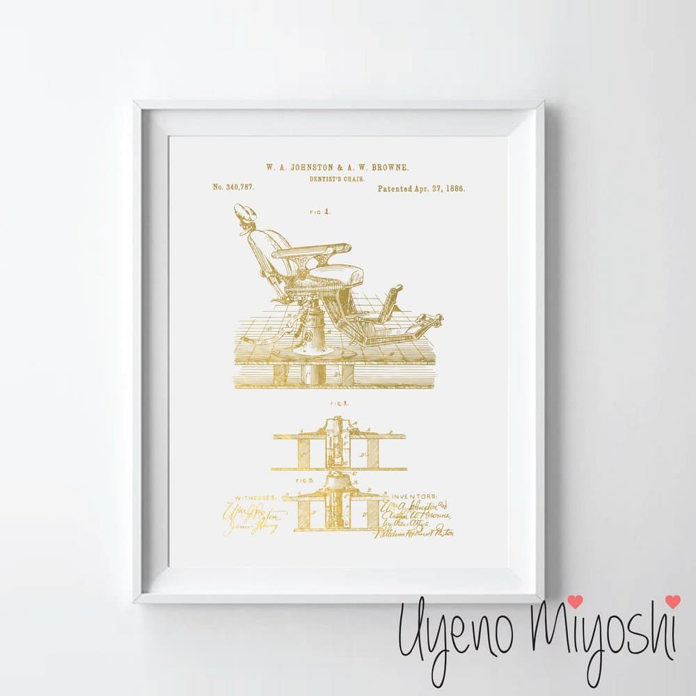 Dentist Chair Patent Gold Foil Art Print Dental Tools Patent Print Gold Print US Patent Blueprint Gold Wall Art Decor