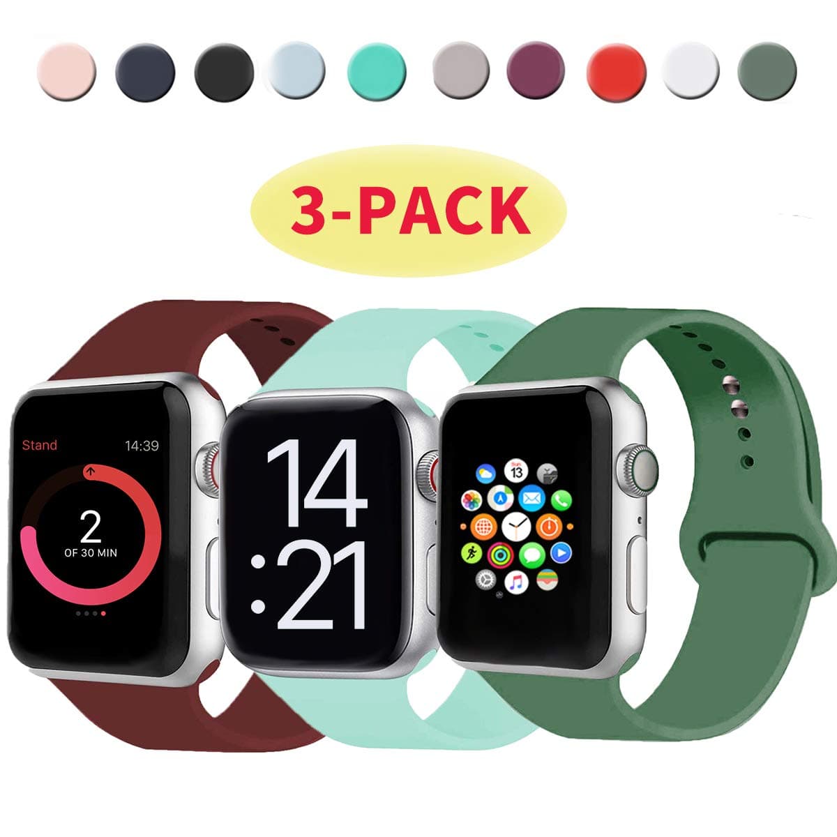 STBYSP 3 Pack Compatible with Apple Watch Band 38mm 40mm 42mm 44mm, Sport Band Replacement Wristband for iWatch Series 5/4/3/2/1, Soft Silicone for Women and Men