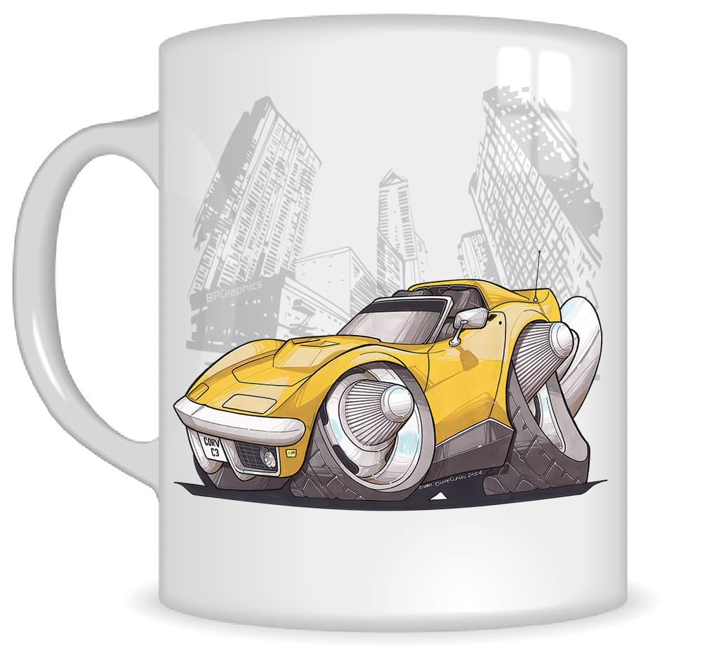 Koolart Gifts K3267-MG Cartoon of Chevrolet Corvette C3 - Caricature yellow Chevrolet Mug Gift for Men ( Mugs)