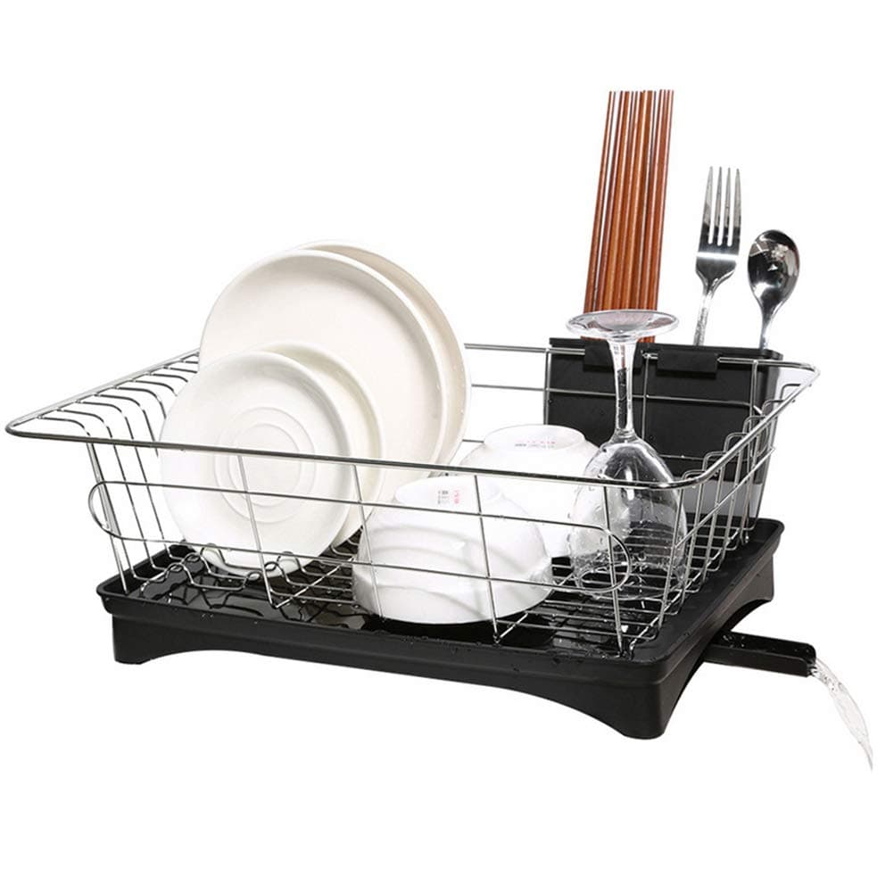 FMLY 16.7 * 11.2 * 5.9 Inch Dish Rack with Tray - Swivel Spout Dish Drainer Drying Rack (Black)