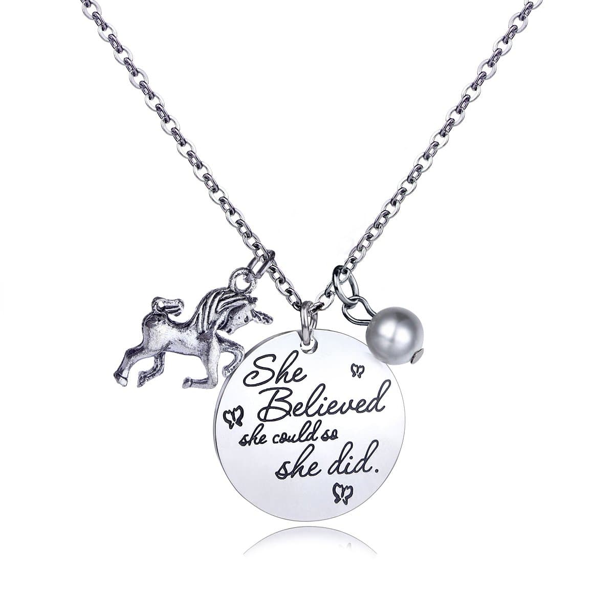 Stainless Steel Pendant Horse Necklace Gift - Family Friend Gift She Believed She Could So She Did Family Tree Women Girl Pendant Necklace for Mom Girlfriend Pearl