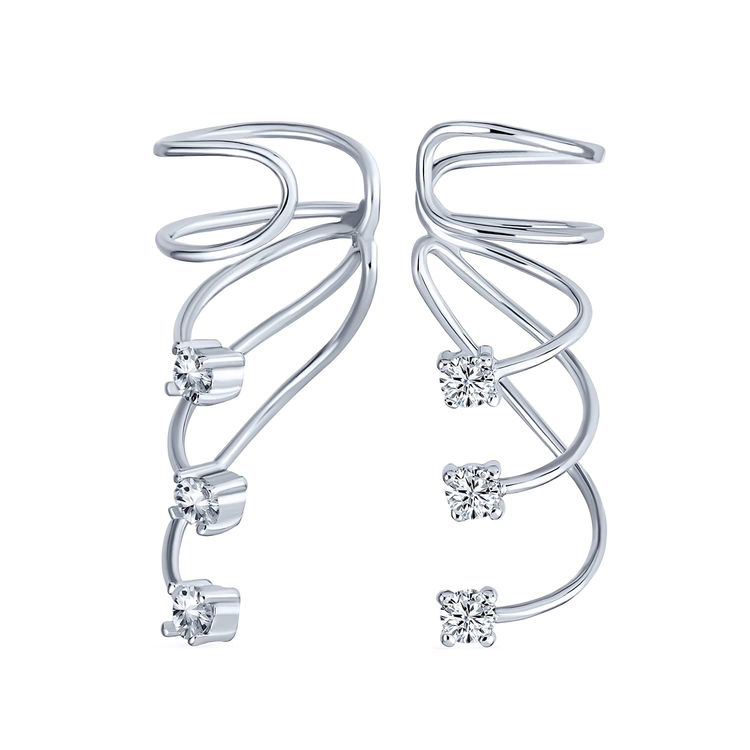 Bling JewelryMinimalist Signal Triple Spiral CZ Curved Crawlers Wire Cartilage Ear Pin Cuff Wrap Earring For Women Teen Rose 14K Yellow Gold Plated .925 Sterling Silver