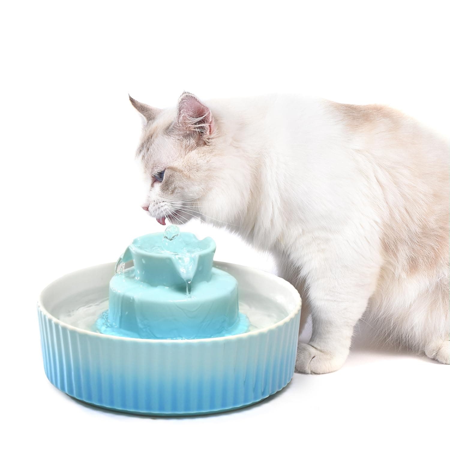 Ceramic Cat Water Fountain, 2.1L Pet Drinking Fountain for Cat and Dog, Cat Fountain Porcelain, Cat Water Dispenser with Activated Carbon Filter and Sponge Foam Pre-Filter (Blue)