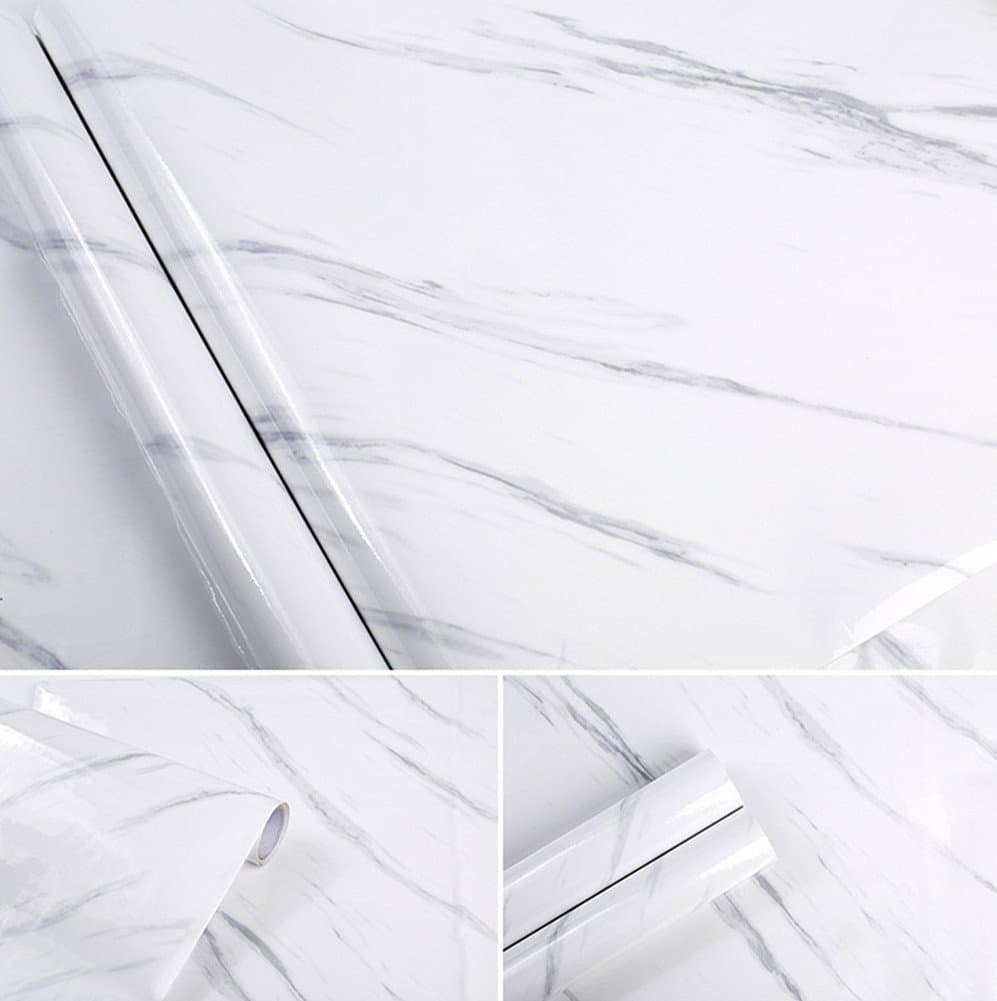 White Marble Adhesive Paper Gloss Vinyl Wrap for Kitchen Countertop Peel Stick Shelf Liners Wallpaper 15.8''x79''