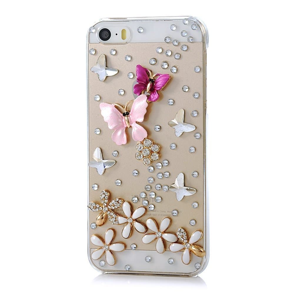 iPhone 5 Case, Charm Of Diamonds Bling Butterfly Handmade Unique Design Clear Case For Apple iPhone 5 5S 5G Hard Plastic Crystal Diamond Flowers Back Cover Protective Rhinestone Phone Skin
