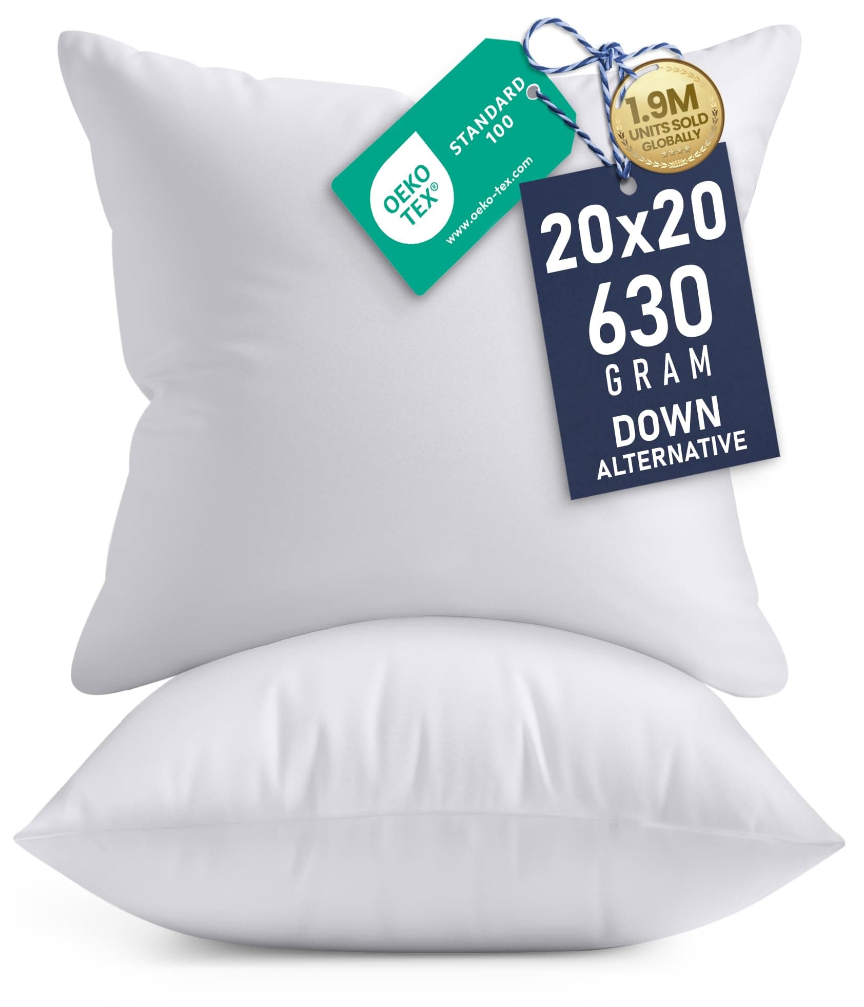 20x20 Pillow Inserts, Set of 2, White – Indoor Decorative Throw Pillows for Bed, Sofa & Couch – Soft, Supportive & Fluffy Cushion Inserts