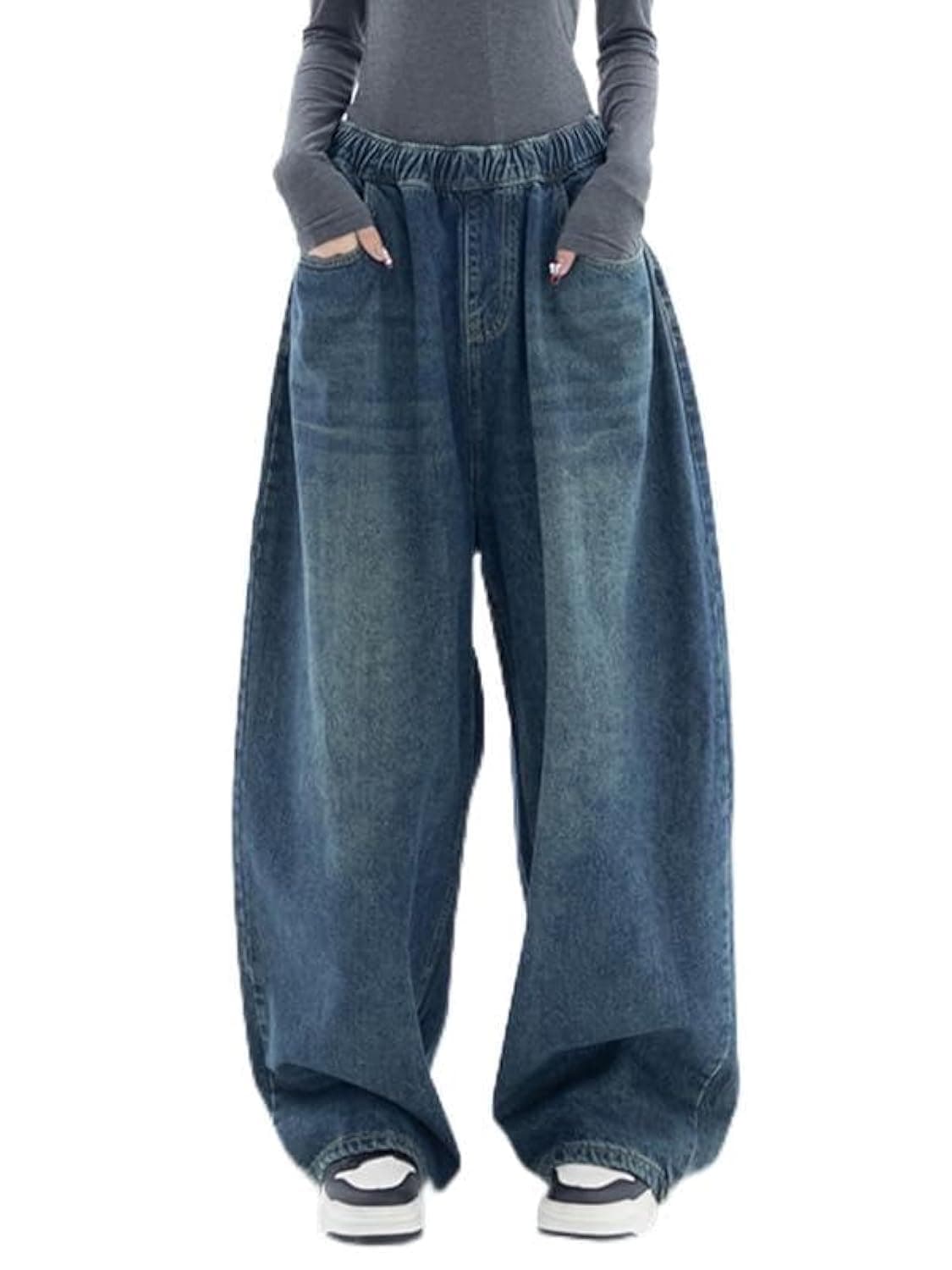 EMMIOL Women Baggy Jeans Mid-Low Waist Boyfriend Streetwear Vintage Jeans Wide Leg Denim Pants