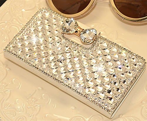 White Luxury 3D Fashion Bling Diamond Bow PU Flip Wallet Leather Case Cover For Smart Mobile Phones (Samsung Galaxy Alpha Alfa SM-G850F)