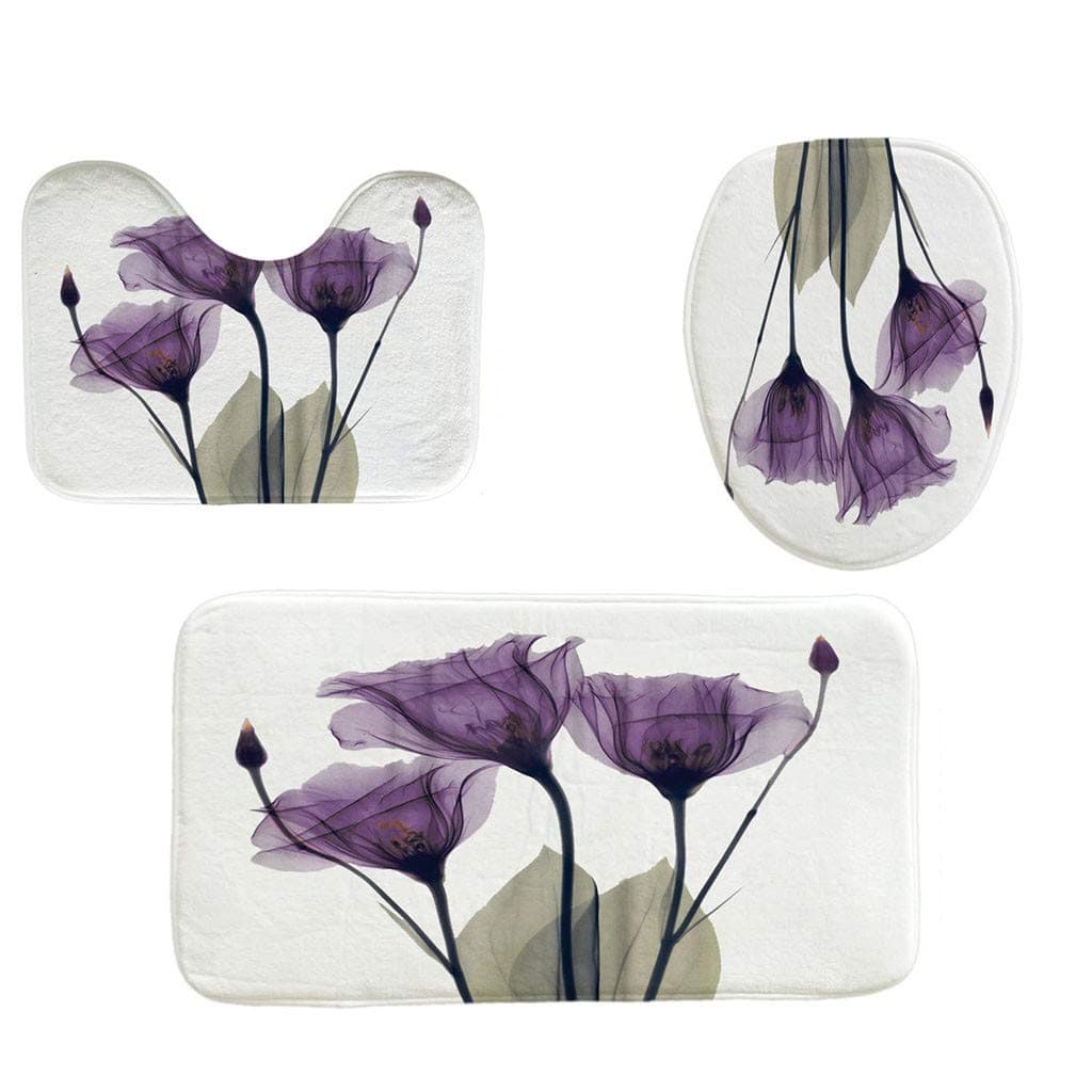 Toilet mats Set Fiaya 3Pcs /4PCS Floral Leaf Cactus Multicolor Polyester Bathroom Set Rug Contour Mat+Toilet Lid Cover +Plan Solid Color Bath Mats +Shower Curtain (3PCS, Purple Lotus)