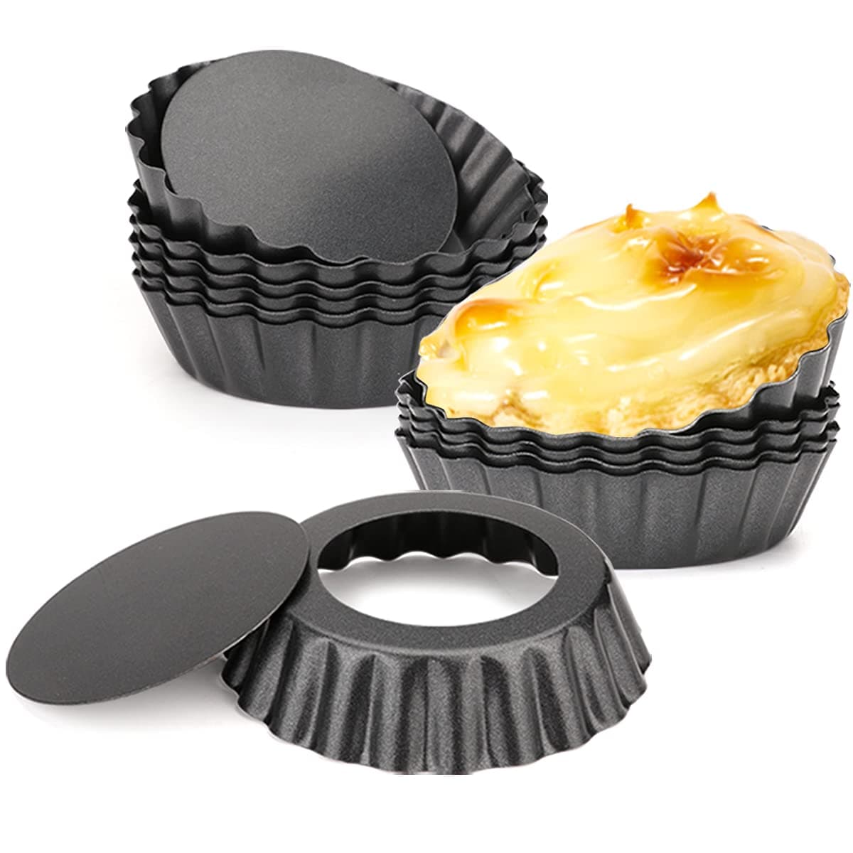 12 pcs Egg Tart Molds, 3" Mini Tart Pans Removable Bottom, Cupcake Cake Muffin Mold Tin Pan Baking Tool, Reusable Quiche Bakeware Carbon Steel for Pies, Quiche, Cheese Cakes, Desserts