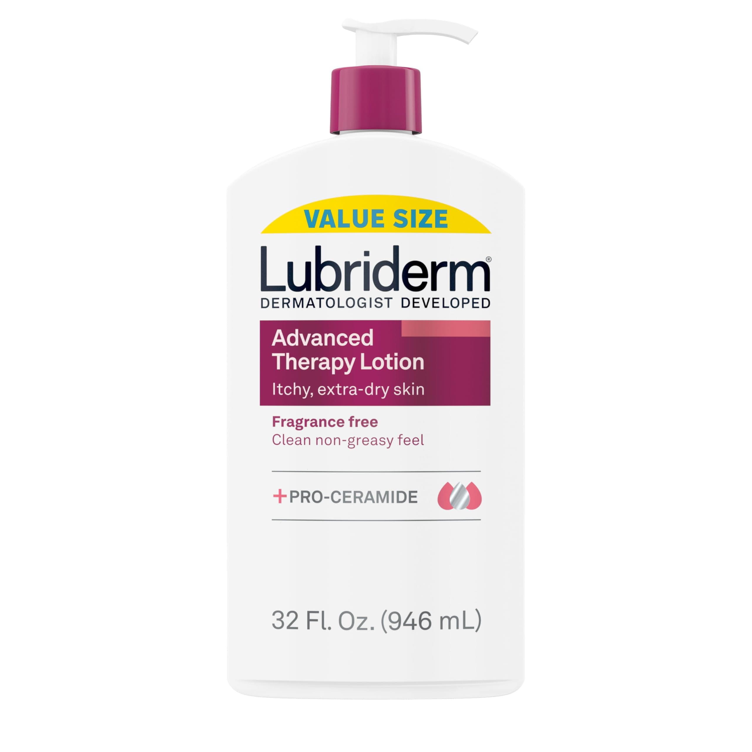 Lubriderm Advanced Therapy Fragrance Free Moisturizing Hand & Body Lotion + Pro-Ceramide with Vitamins E & Pro-Vitamin B5, Intense Hydration for Itchy, Extra Dry Skin, Non-Greasy, 32 fl. oz
