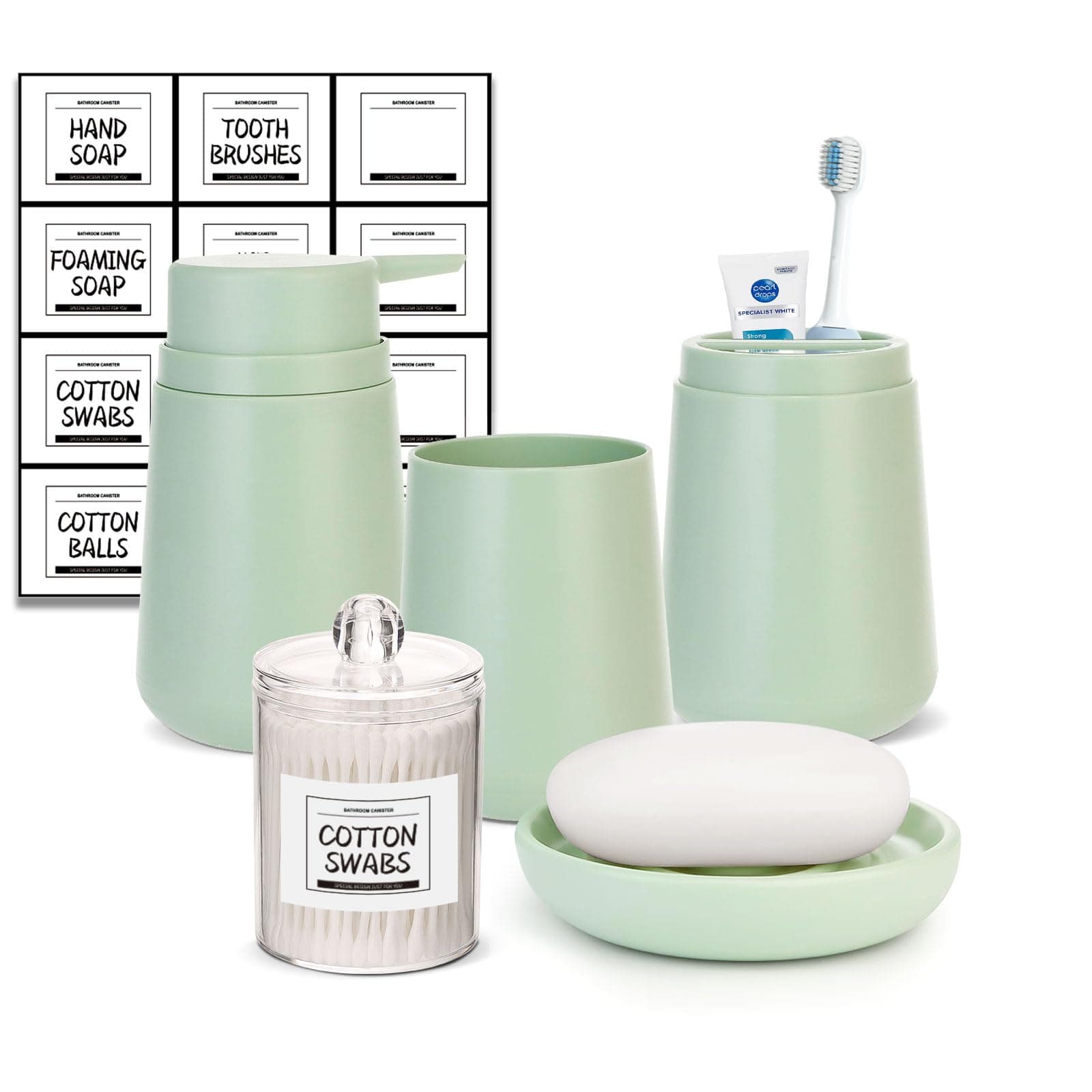 IMAVO Green Bathroom Set,5 Piece Bathroom Gift Set,Toothbrush Holder,Toothbrush Cup,Soap Dispenser,Soap Dish and Q-tip Holder,Green
