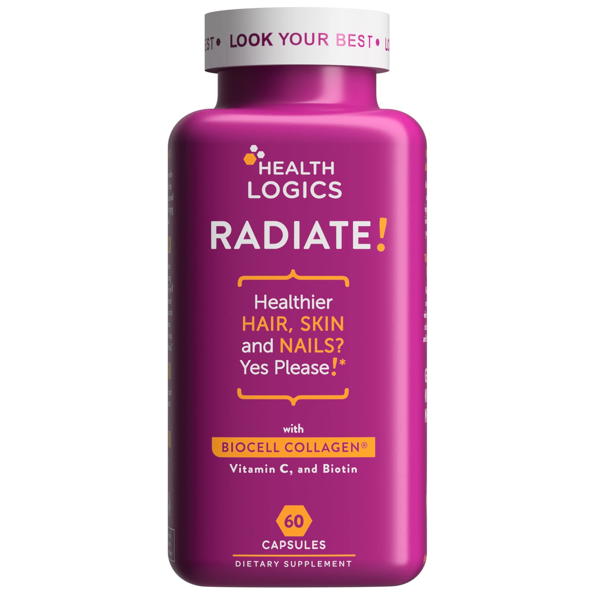 Health Logics Radiate | Hair Skin & Nails with Biotin, BioCell Collagen, Vitamin C, Hyaluronic Acid | Clinically Evaluated to Reduce Facial Lines, Wrinkles, Crows Feet & Promote Joint Comfort