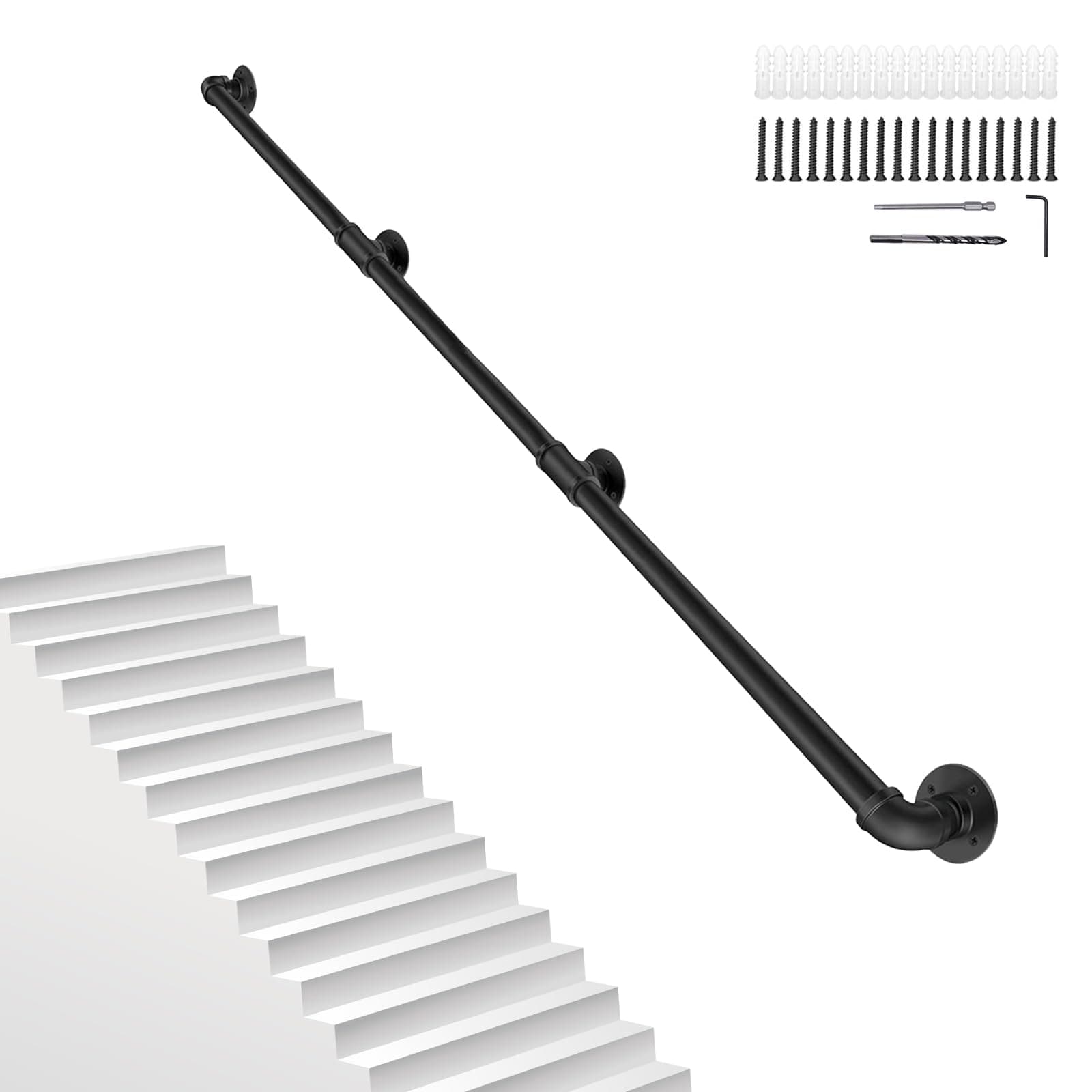 12FT/3.6M Pipe Stair Handrail Metal Railing Staircase Handrails Wall Mount Non-Slip Safety Stair Rail Outdoor Indoor Industrial Pipe Handrail Black Step Baluster Handrail