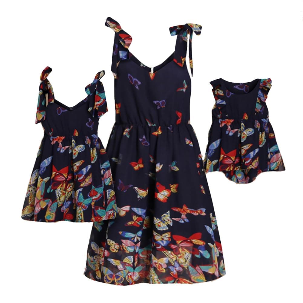 Mumetaz Mommy and Me Dresses Matching Set Floral Printed Bowknot Shoulder Straps Sleeveless Dress for Mother and Daughter