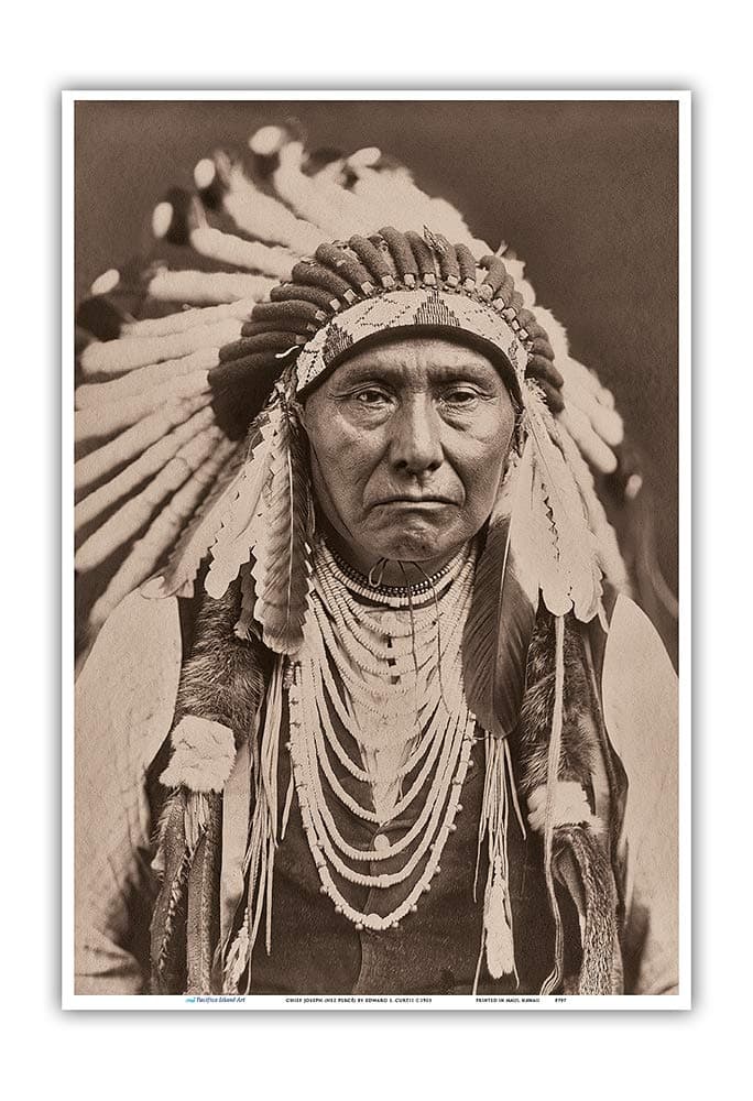 Chief Joseph Nez Percé War Bonnet - North American Indian - Vintage Sepia Toned Photograph by Edward S. Curtis c.1903 - Master Art Print 13in x 19in