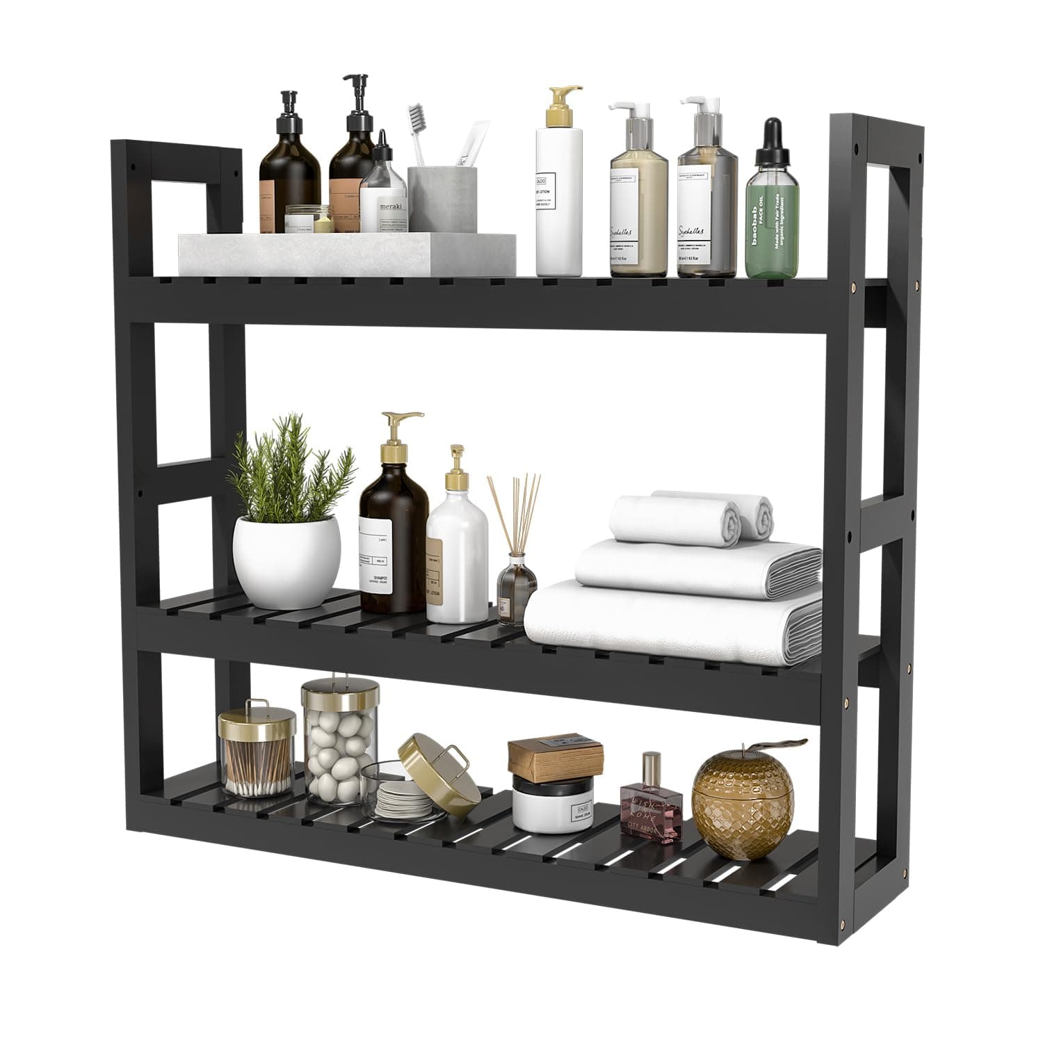 Domax Bamboo Bathroom Shelf 3-Tier Wall Mount Storage Rack Multifunctional Adjustable Layer Free Standing Over Toilet Utility Shelves Living Room Kitchen (Black)