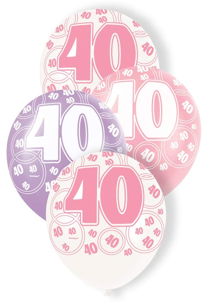 Unique Party 80875 - 12" Latex Glitz Pink 40th Birthday Balloons, Pack of 6