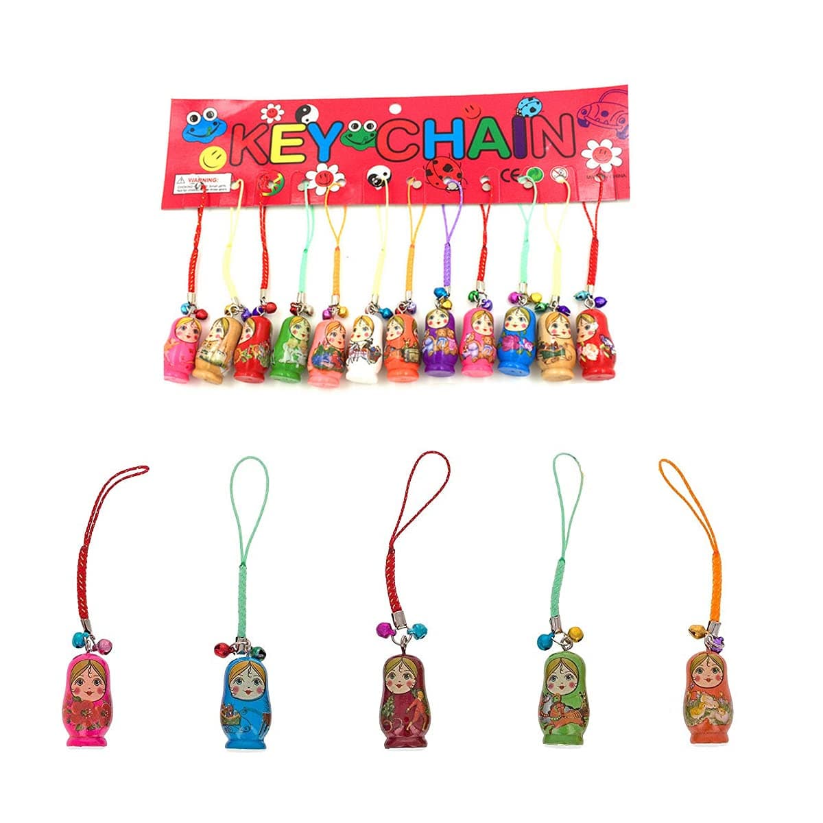 Set of 12 Fashion Jewelry Drip Charm Key Chains Wooden Nesting Dolls with Key Rings Keychains Decorative Gifts