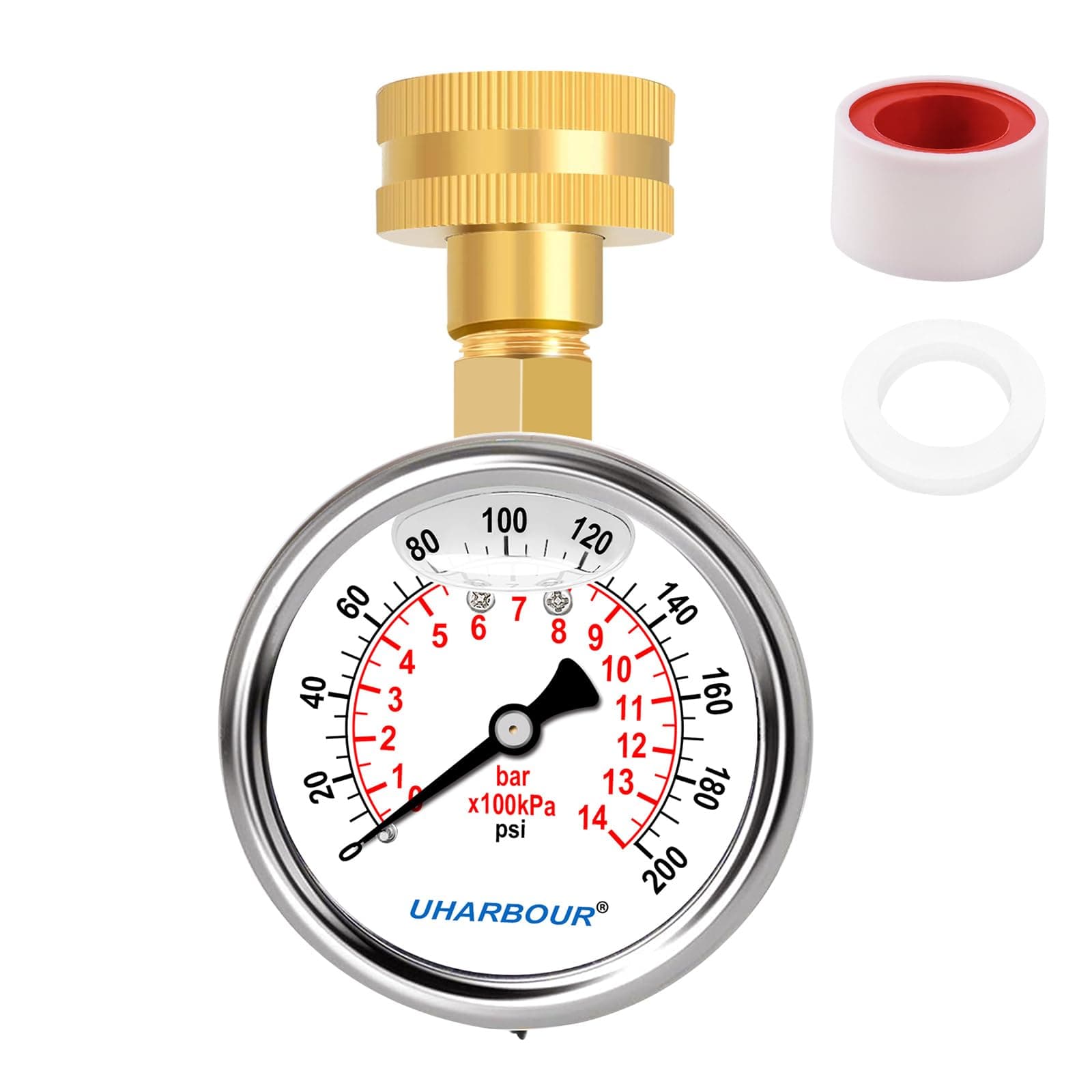 UHARBOUR Glycerin Filled Water Pressure Gauge 200psi/14bar, 2" Dial,Stainless Steel Case, Brass Inside Construction, Female 3/4"NPT Rear Connection for Garden Hose Thread