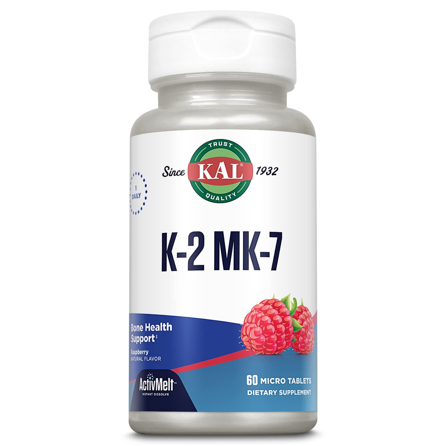 KAL Vitamin K2 MK7 ActivMelt 100 mcg Tablets - Vitamin K Supplement for Nutritional Support for Women & Men, Non-GMO, Vegan, Gluten Free - Natural Raspberry Flavor, 60 Micro Tablets