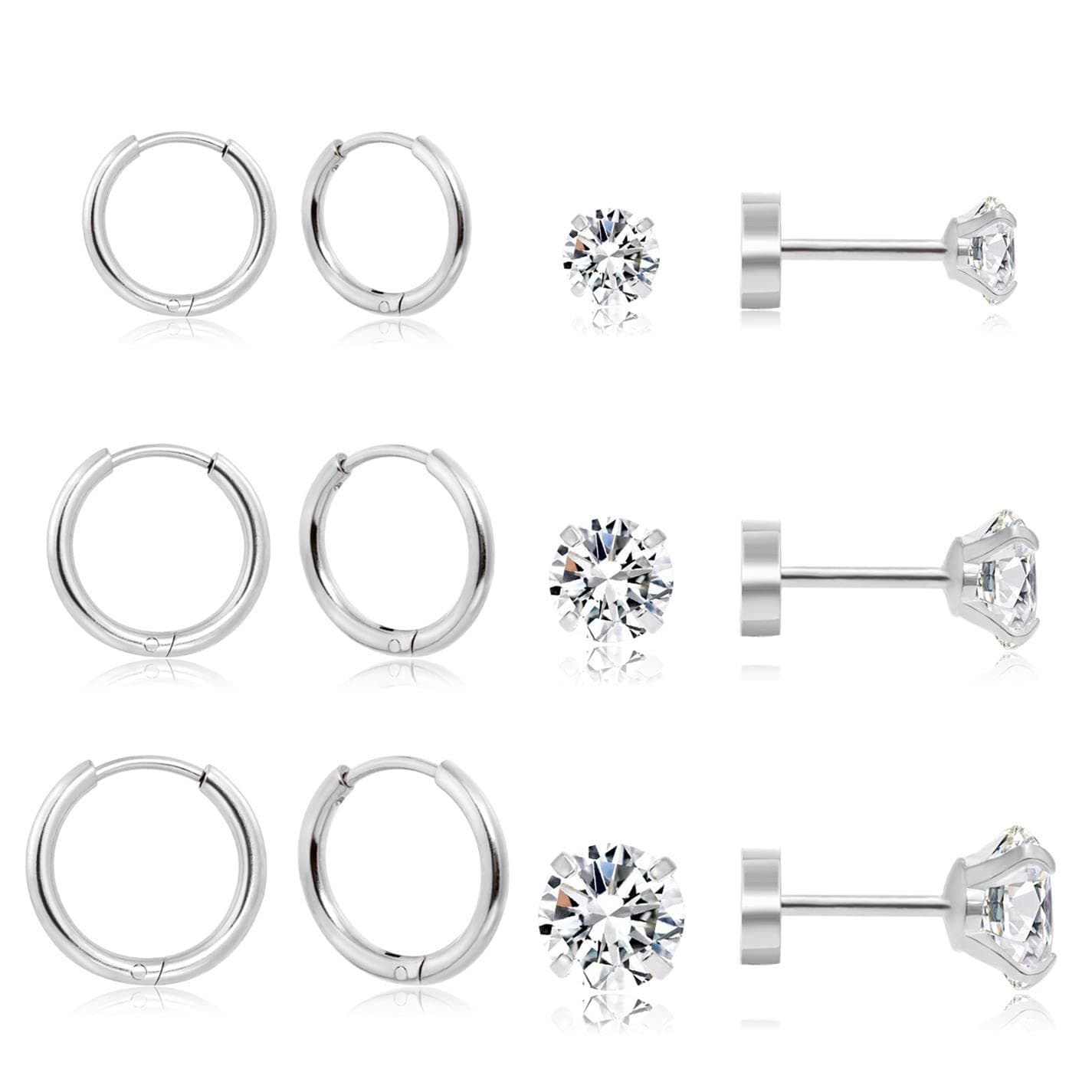 Dainty 6 Pairs Surgical Steel Earrings Sets for Multiple Piercing, Lightweight 14K Gold Plated Small Huggie Hoop Earrings, Flat Back Tiny Ball CZ Stud Earrings for Cartilage, Helix, Lobe, Hypoallergenic